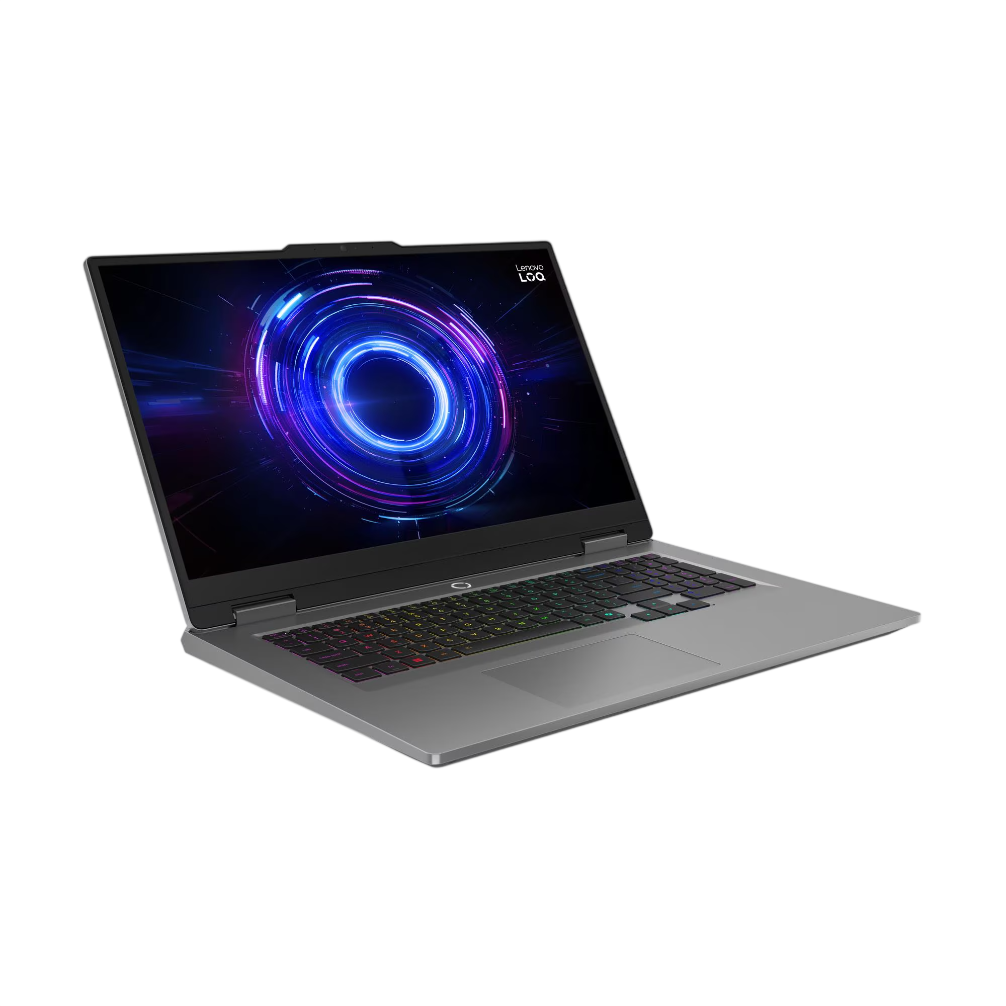 Ein offener Laptop mit blau-violetter Kreisgrafik auf dem Bildschirm und beleuchteten Tasten.
