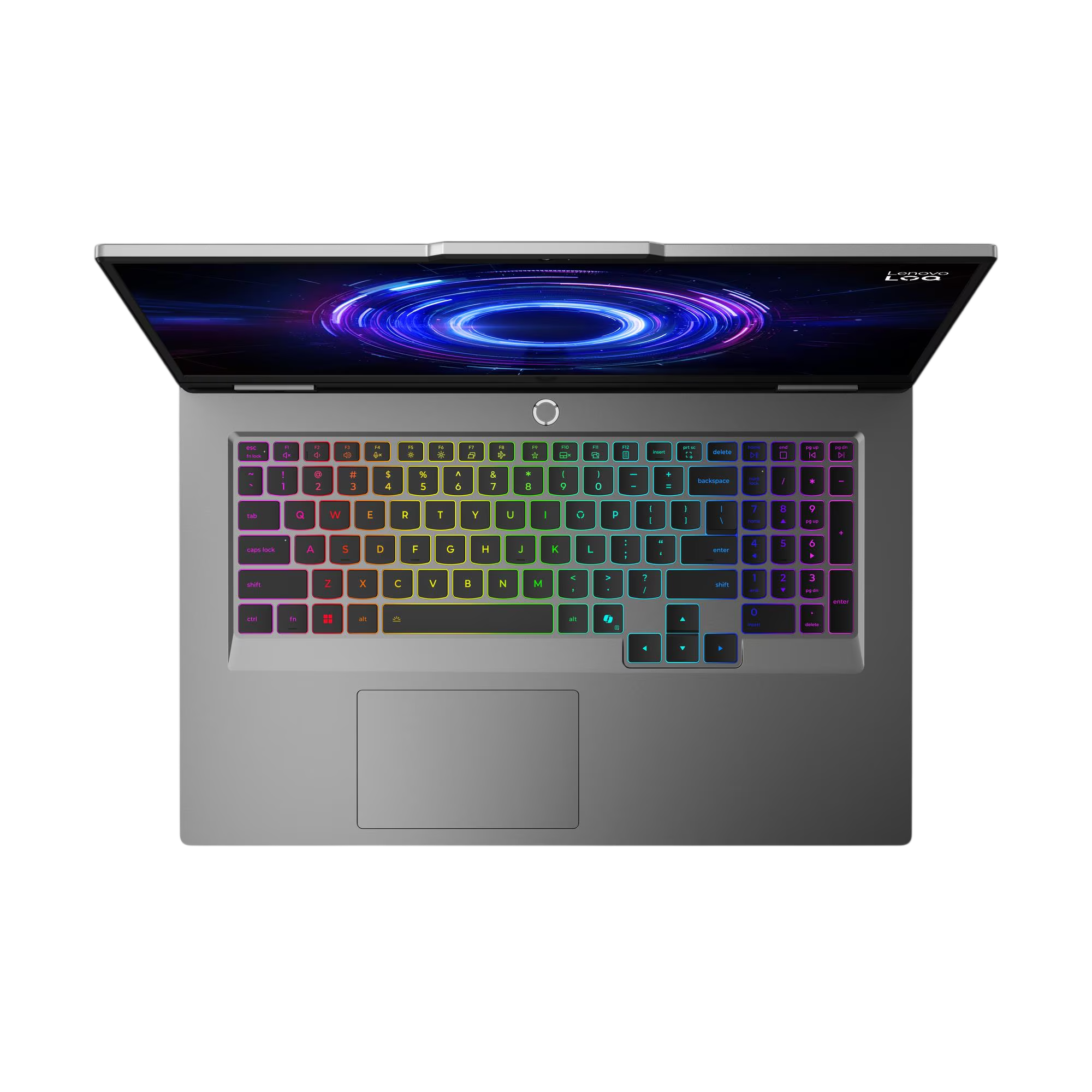 Ein offener Laptop mit beleuchteter Tastatur und abstraktem Hintergrund.