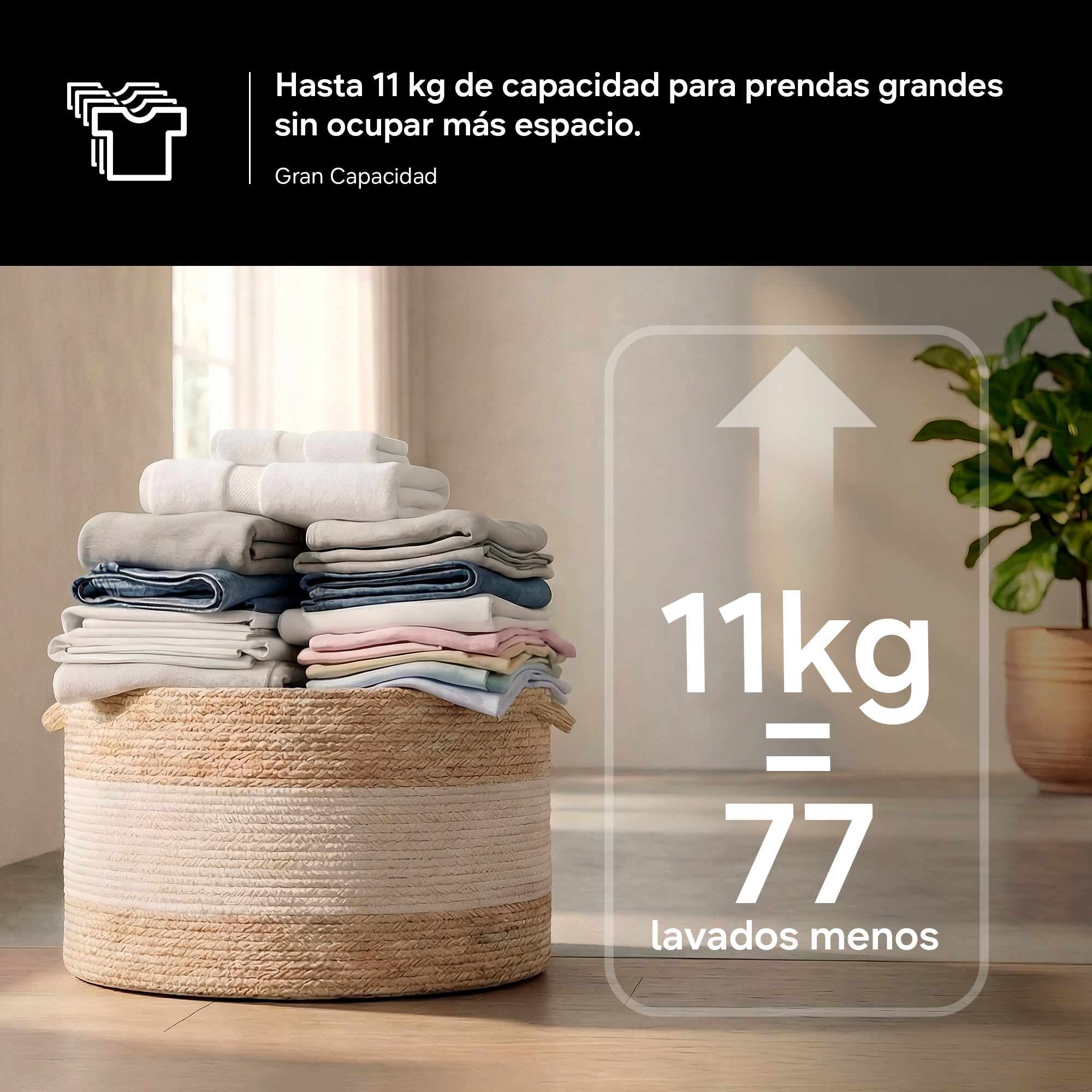 Una cesta de ropa llena, al lado pone 11kg = 77 lavados menos.