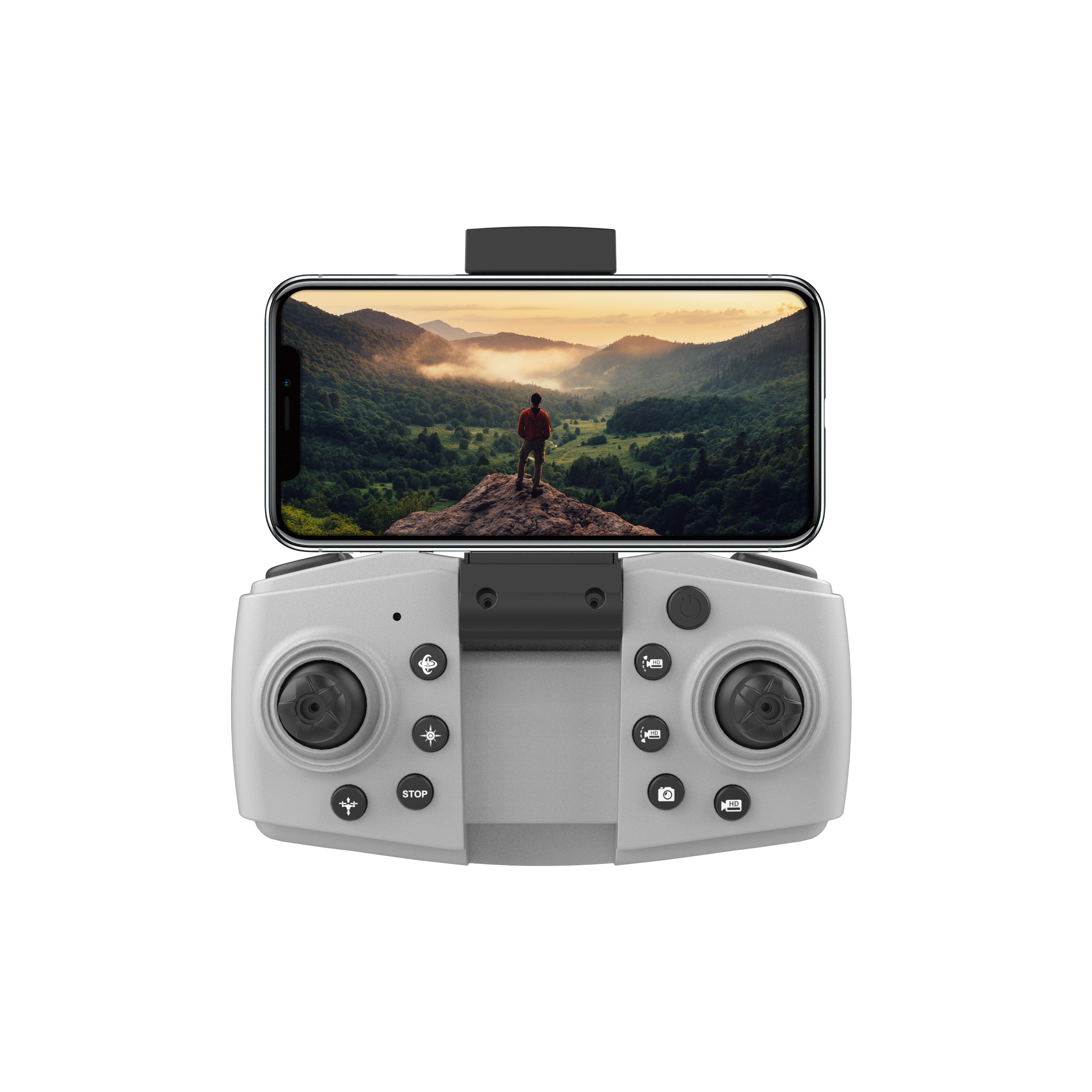 Grauer Controller mit Smartphone, das eine Berglandschaft zeigt.