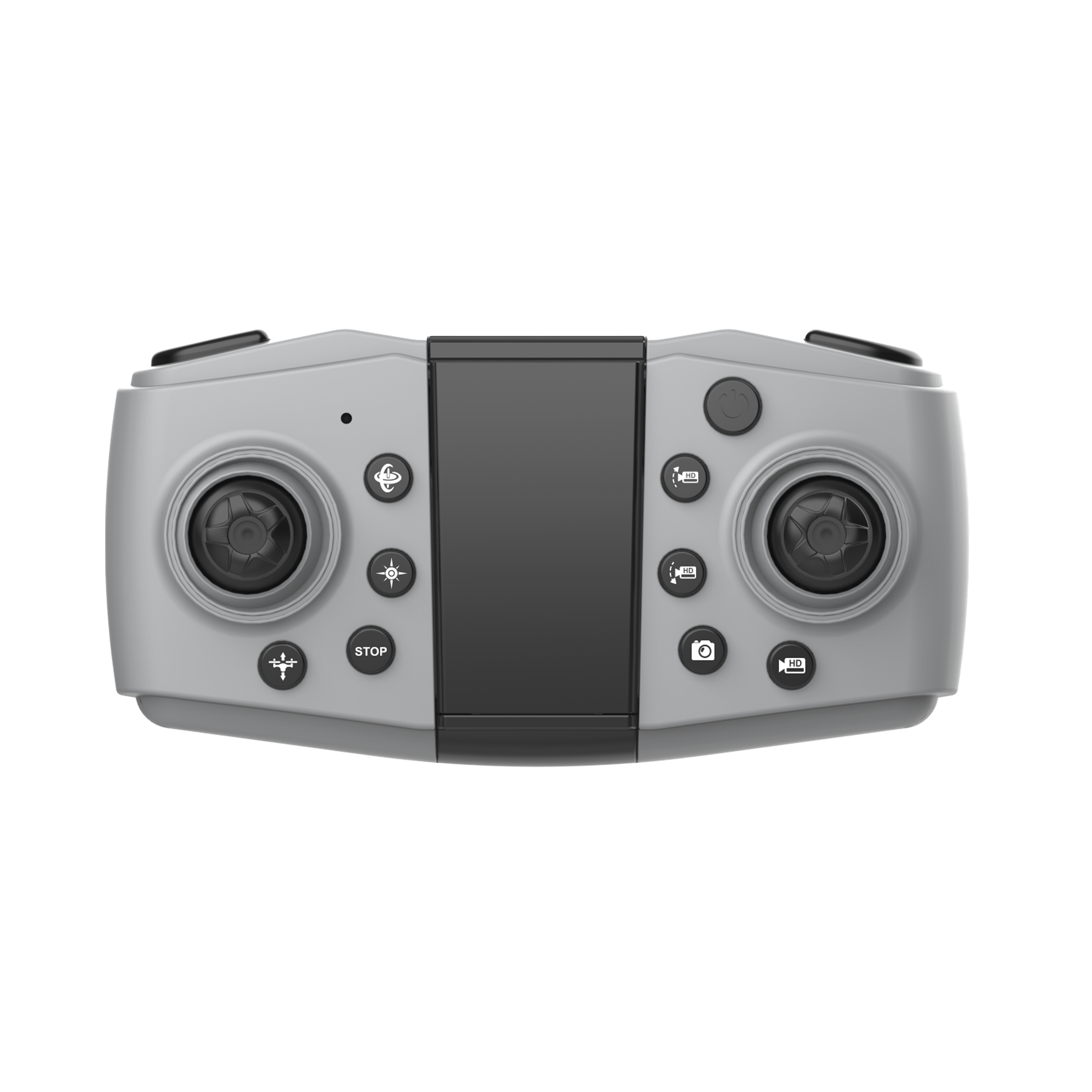 Grauer Controller mit zwei Joysticks und einem schwarzen Bildschirm.