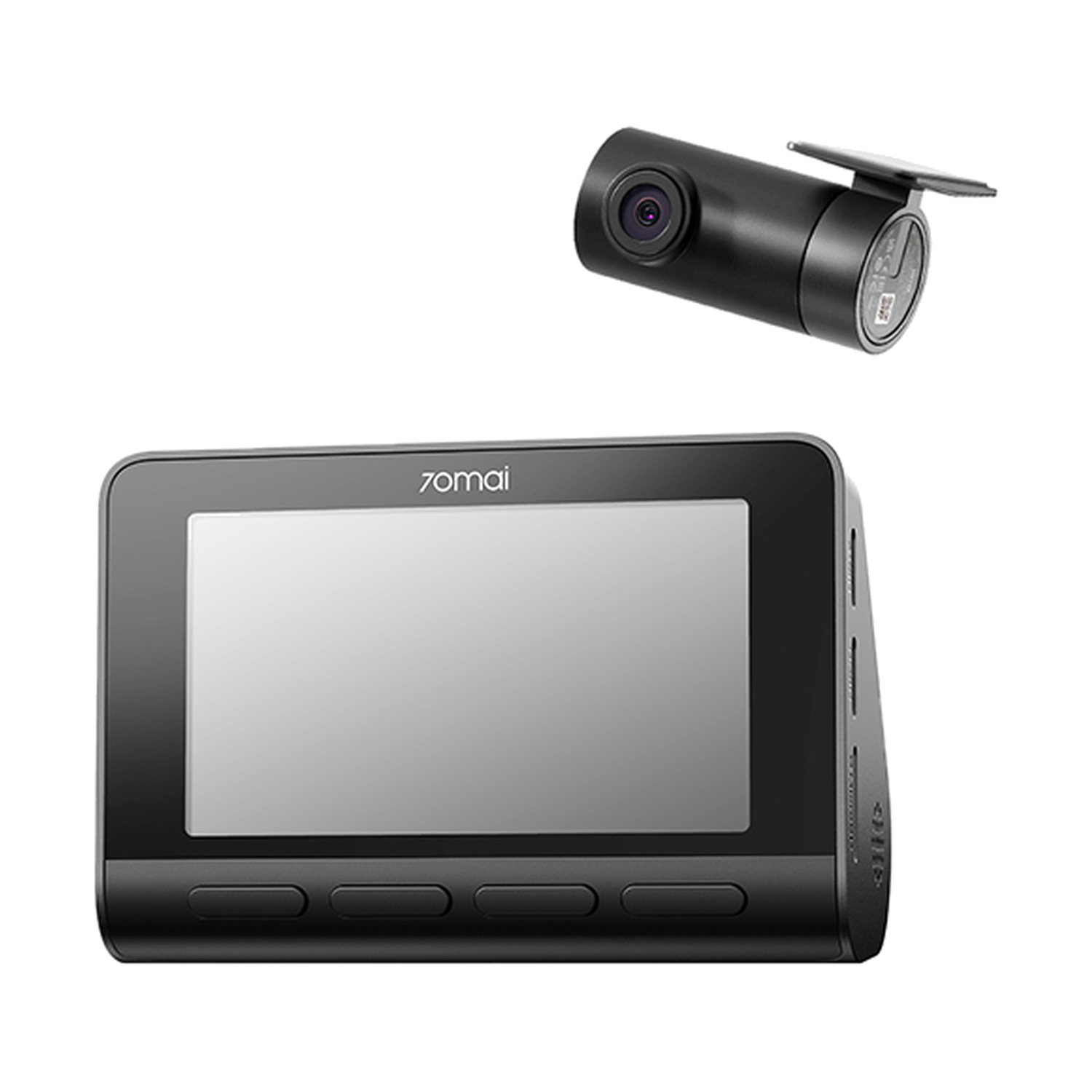 Un monitor per dashcam nero e una telecamera separata su sfondo bianco.