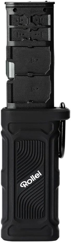 Dispositivo Rollei nero con slot per schede SIM e SD.