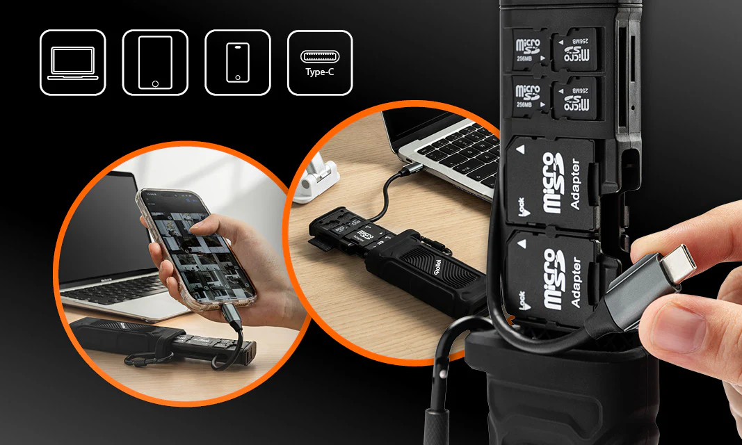 Dispositivo con più schede di memoria e porta USB-C, collegato a laptop e telefono.