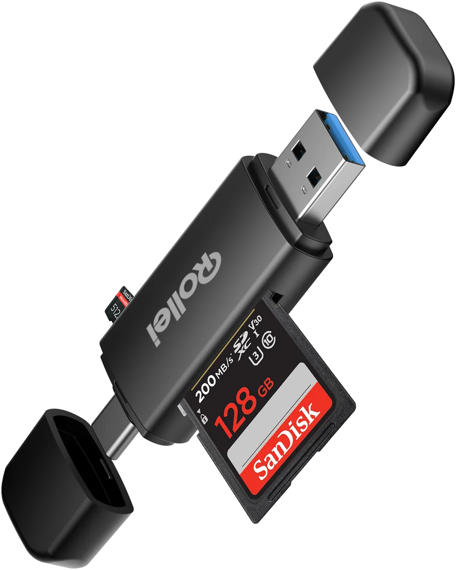 Une clé USB noire avec des cartes mémoire et des capuchons.