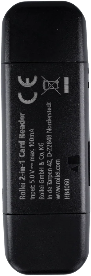 Lecteur de carte Rollei 2-en-1 noir avec texte et marquage CE.