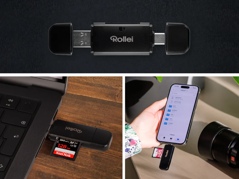 Un lecteur de carte Rollei avec ports USB-C et USB-A se connecte à un ordinateur portable et un smartphone.