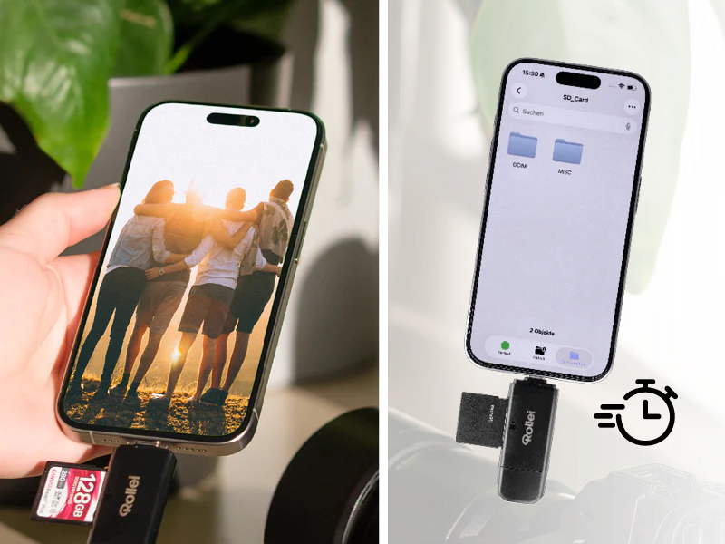 Le téléphone affiche une photo d'amis. Le lecteur de carte SD connecte le téléphone à la carte SD.