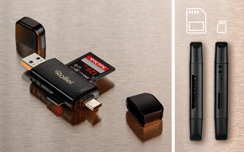 Lecteur de carte USB-C Rollei avec carte SD et capuchon sur métal.