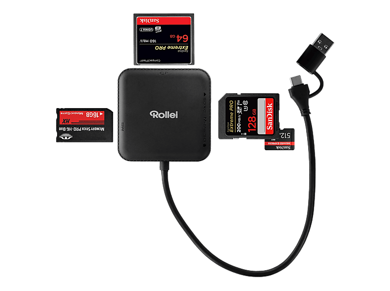 ROLLEI 4-in-1, Kartenlesegerät (USB-C & USB-A), Schwarz