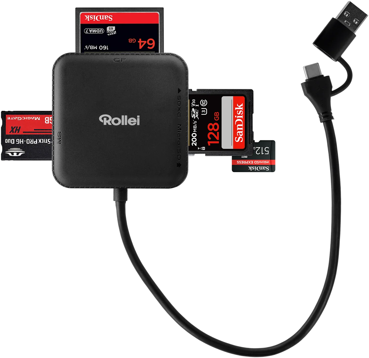 Ein schwarzer Kartenleser mit eingelegten Speicherkarten und einem USB-C-Kabel.