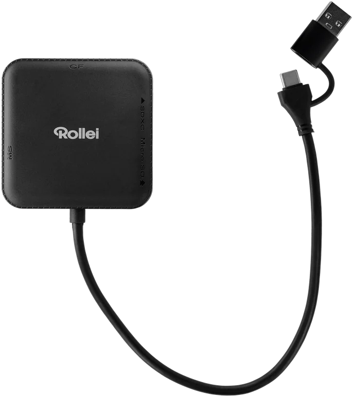 Schwarzer Kartenleser von Rollei mit USB-C und USB-A Anschlüssen.