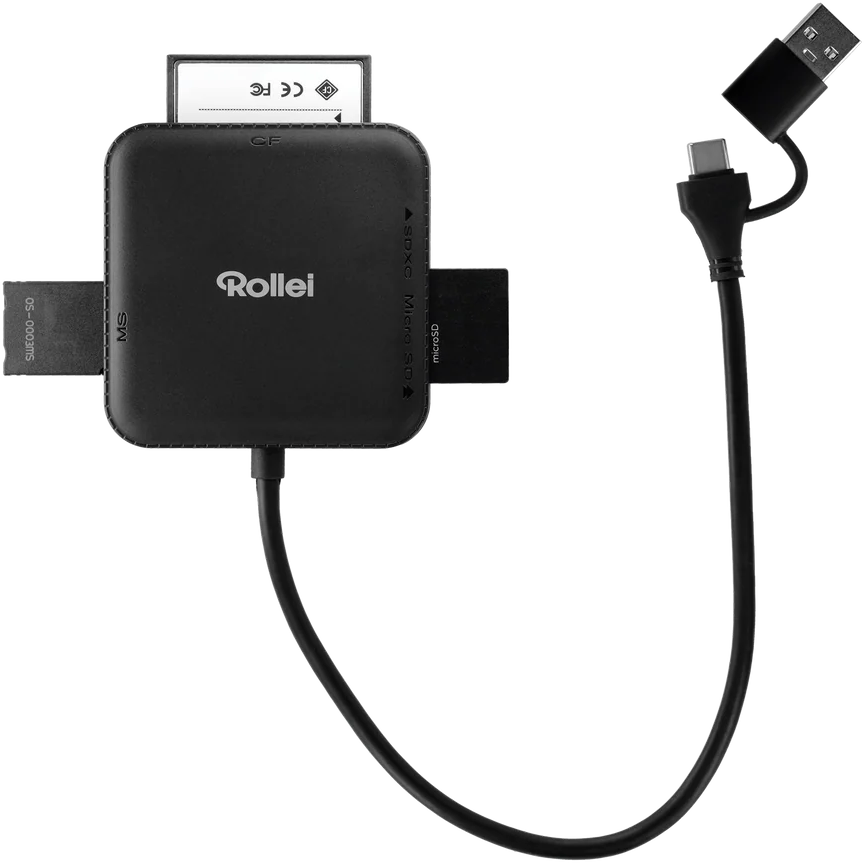 Ein schwarzer Rollei Kartenleser mit CF-, MS-, SD- und microSD-Steckplätzen und USB-C-Kabel.