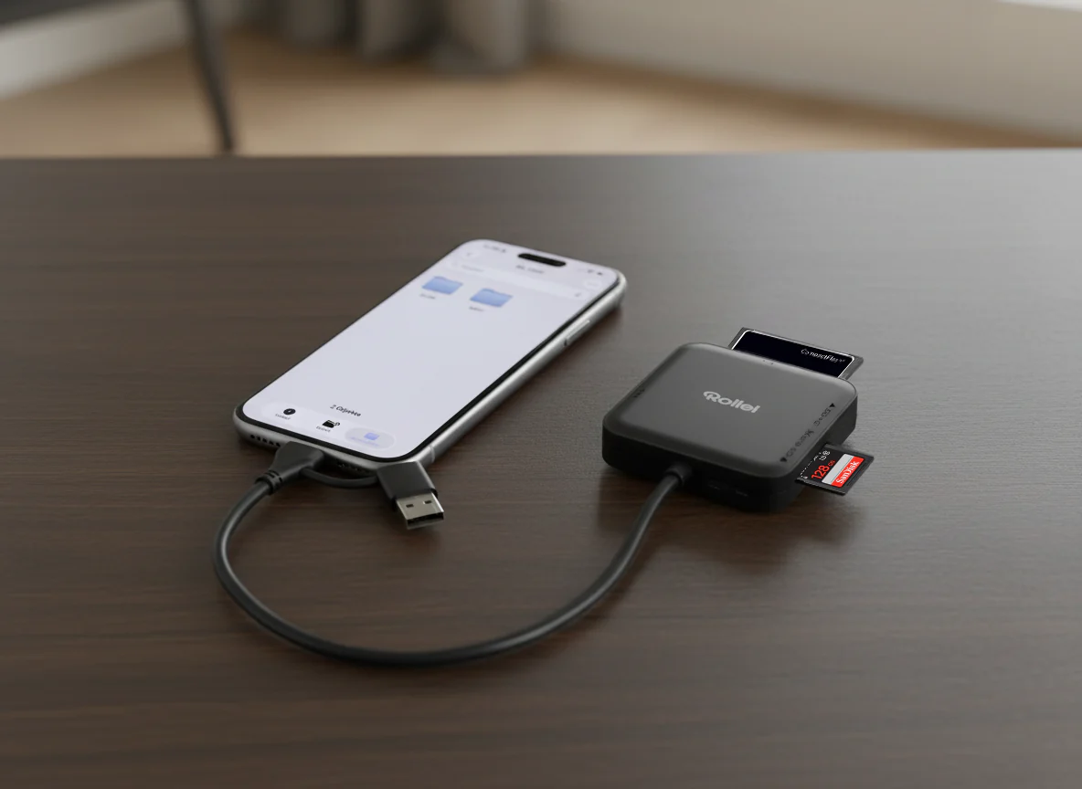 Ein Smartphone verbunden mit einem Rollei Kartenleser mit SD und microSD Karten.