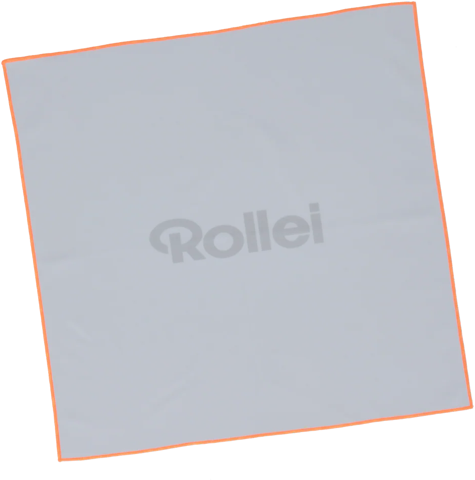 Ein graues Tuch mit orangem Rand und dem Rollei-Logo in der Mitte.
