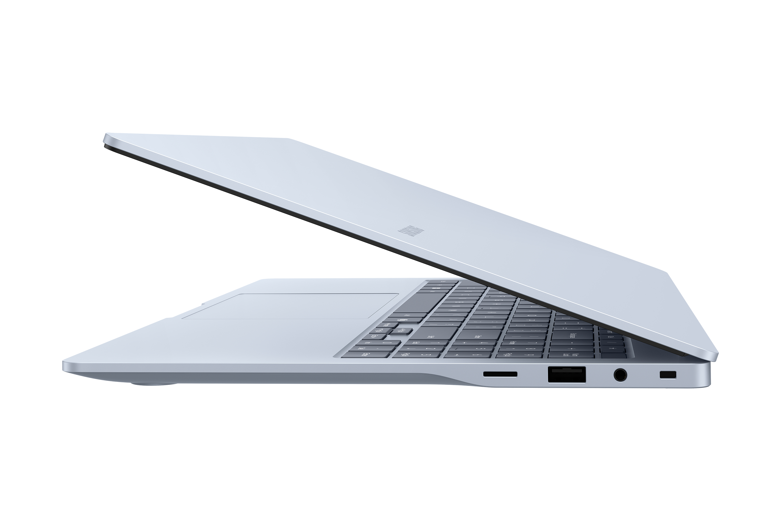Ein hellblaues Laptop ist von der Seite zu sehen, mit geöffnetem Deckel.