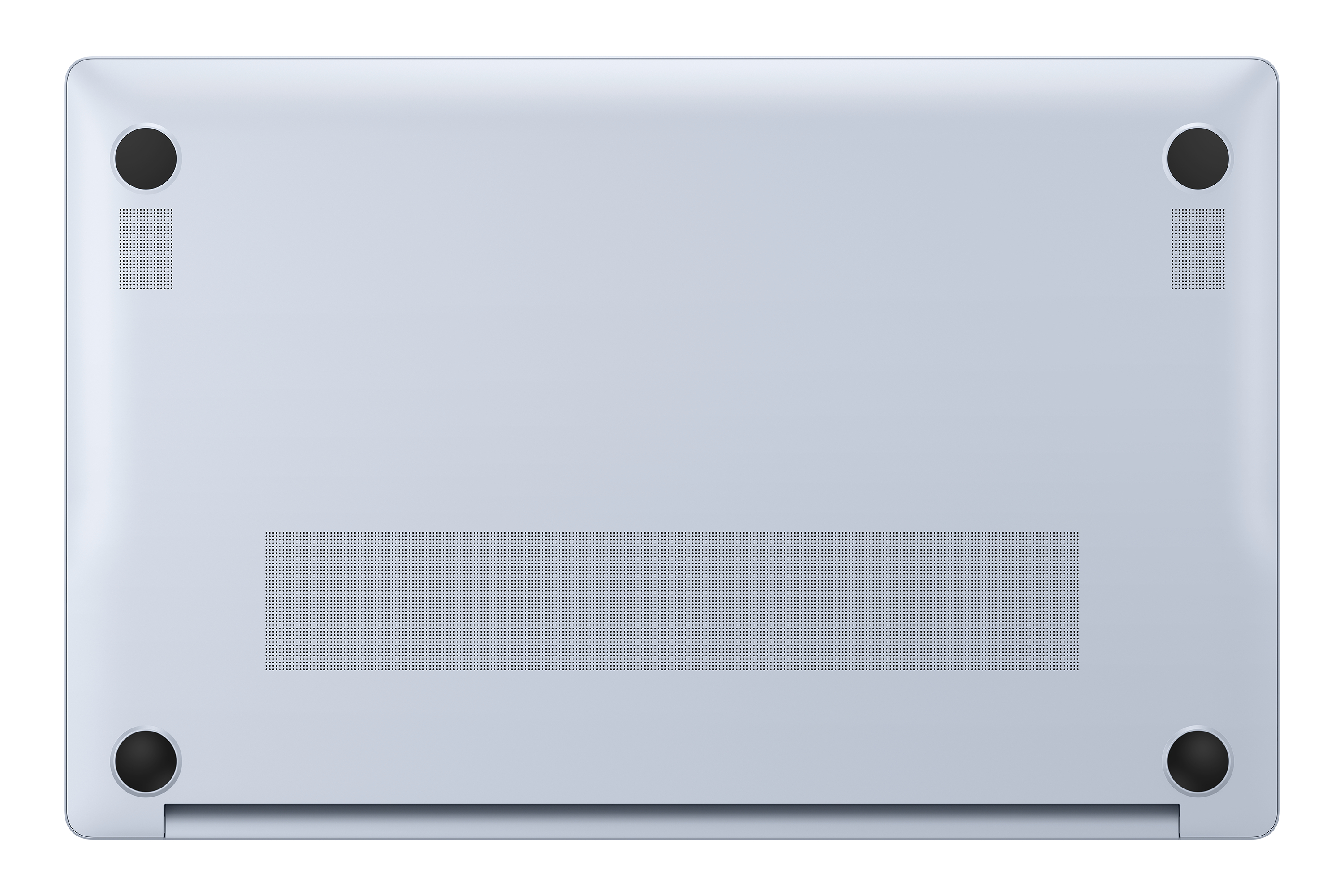 Unterseite eines hellblauen Laptops mit vier Gummifüßen und Lüftungsschlitzen.