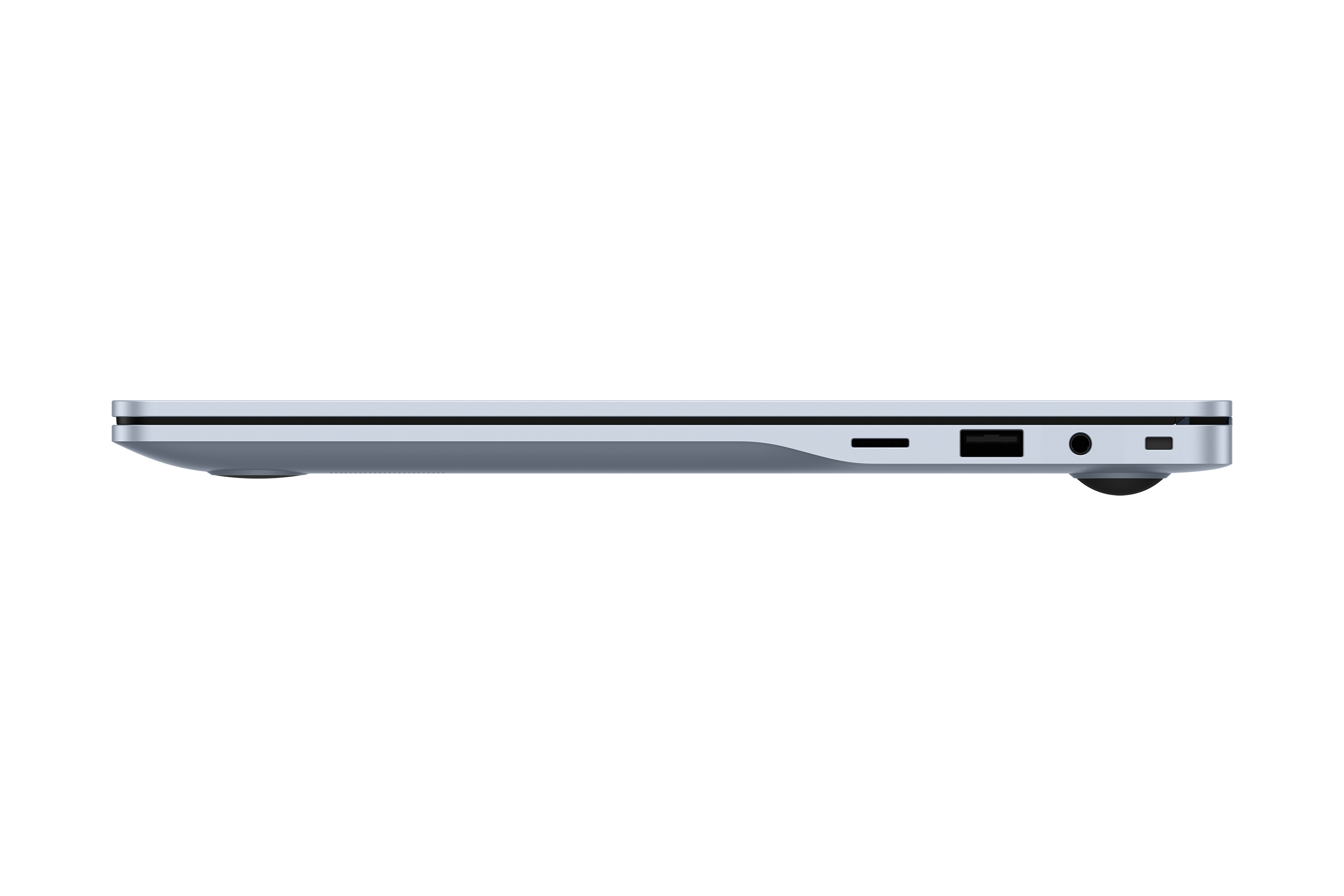 Eine graublaue Laptoptastaturseite mit USB-, Kopfhöreranschlüssen und einem Lüftungsschlitz.