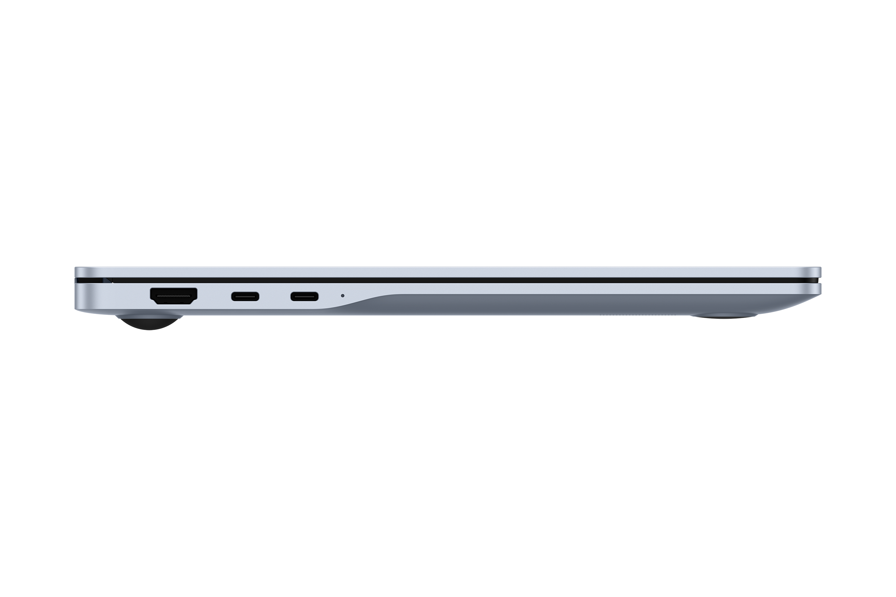 Seite eines schlanken silbernen Laptops mit Anschlüssen: HDMI, USB-C und ein runder Anschluss.