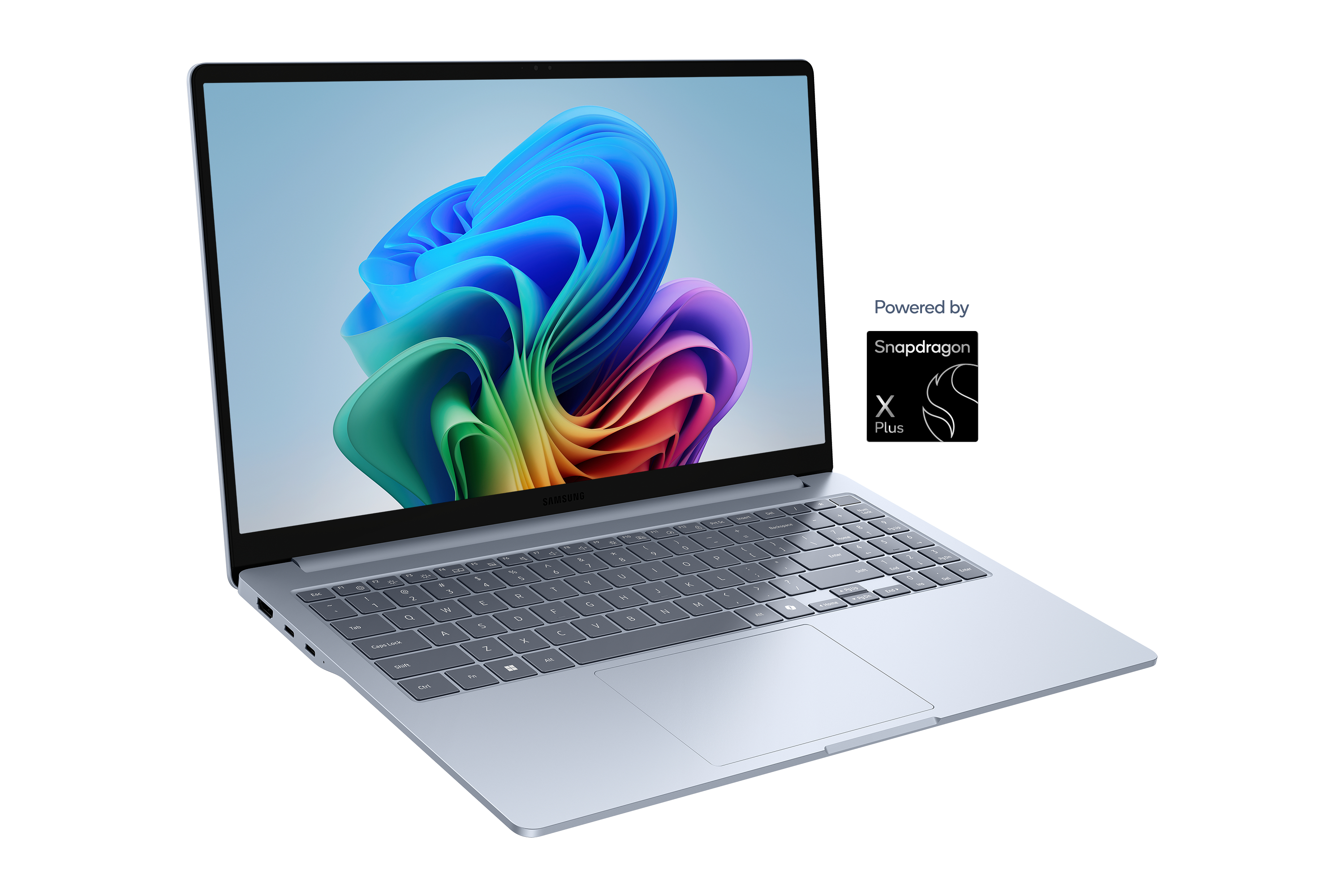 Ein silberner Laptop mit einem bunten Hintergrund und dem Snapdragon-Logo.