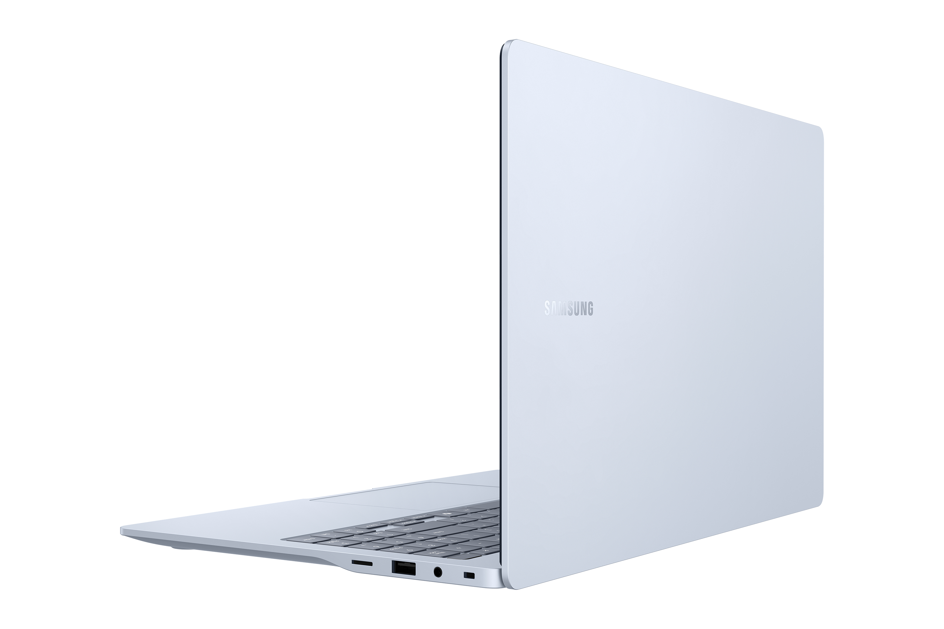 Ein hellblaues Samsung-Laptop ist geöffnet und zeigt die Tastatur und Anschlüsse.