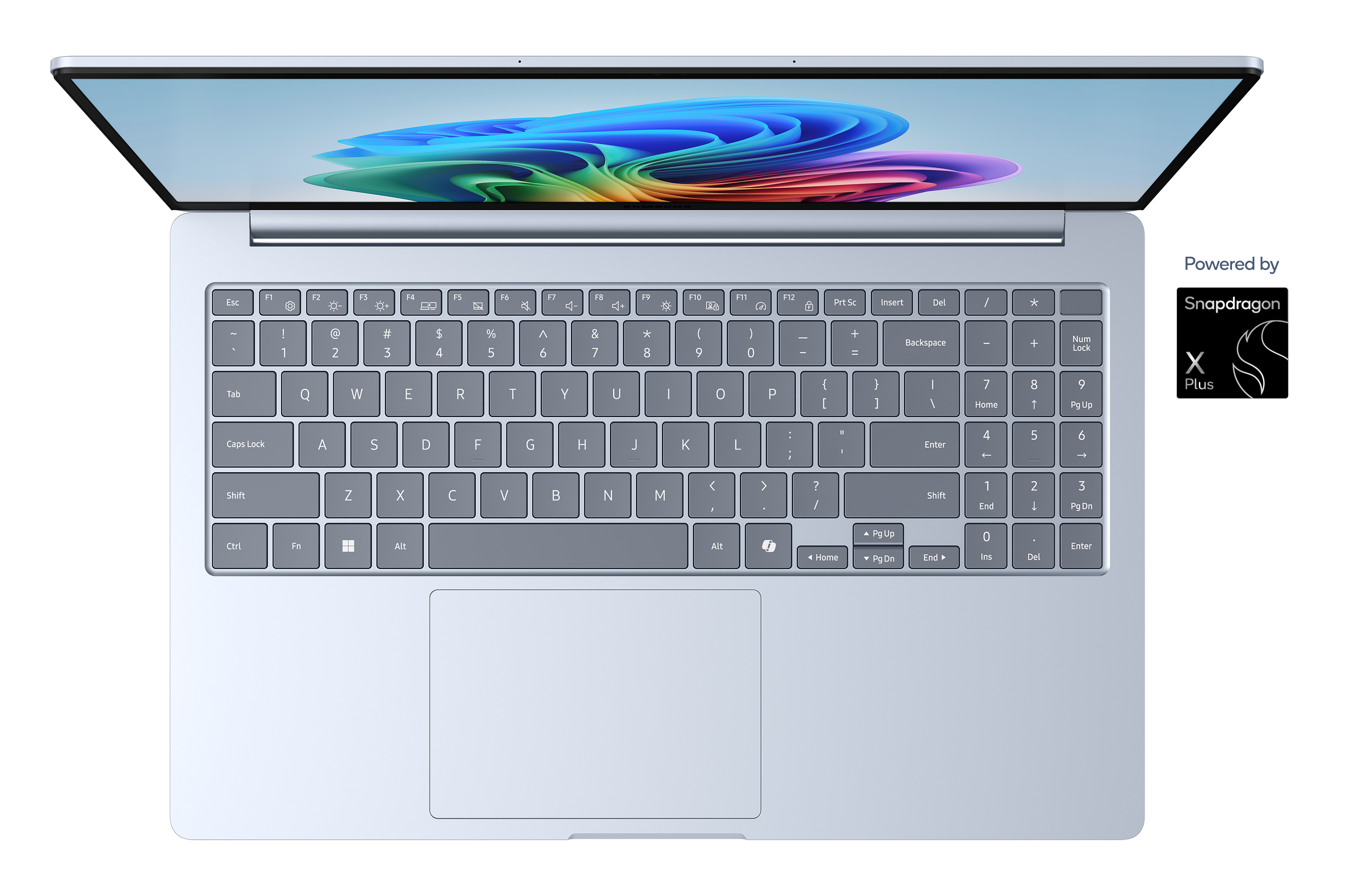 Ein hellblaues Laptop mit geöffnetem Bildschirm und einer bunten abstrakten Hintergrundgrafik.