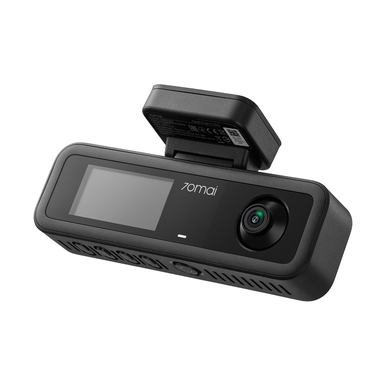 Una 70mai Dash Cam T400 nera con schermo LCD e obiettivo.