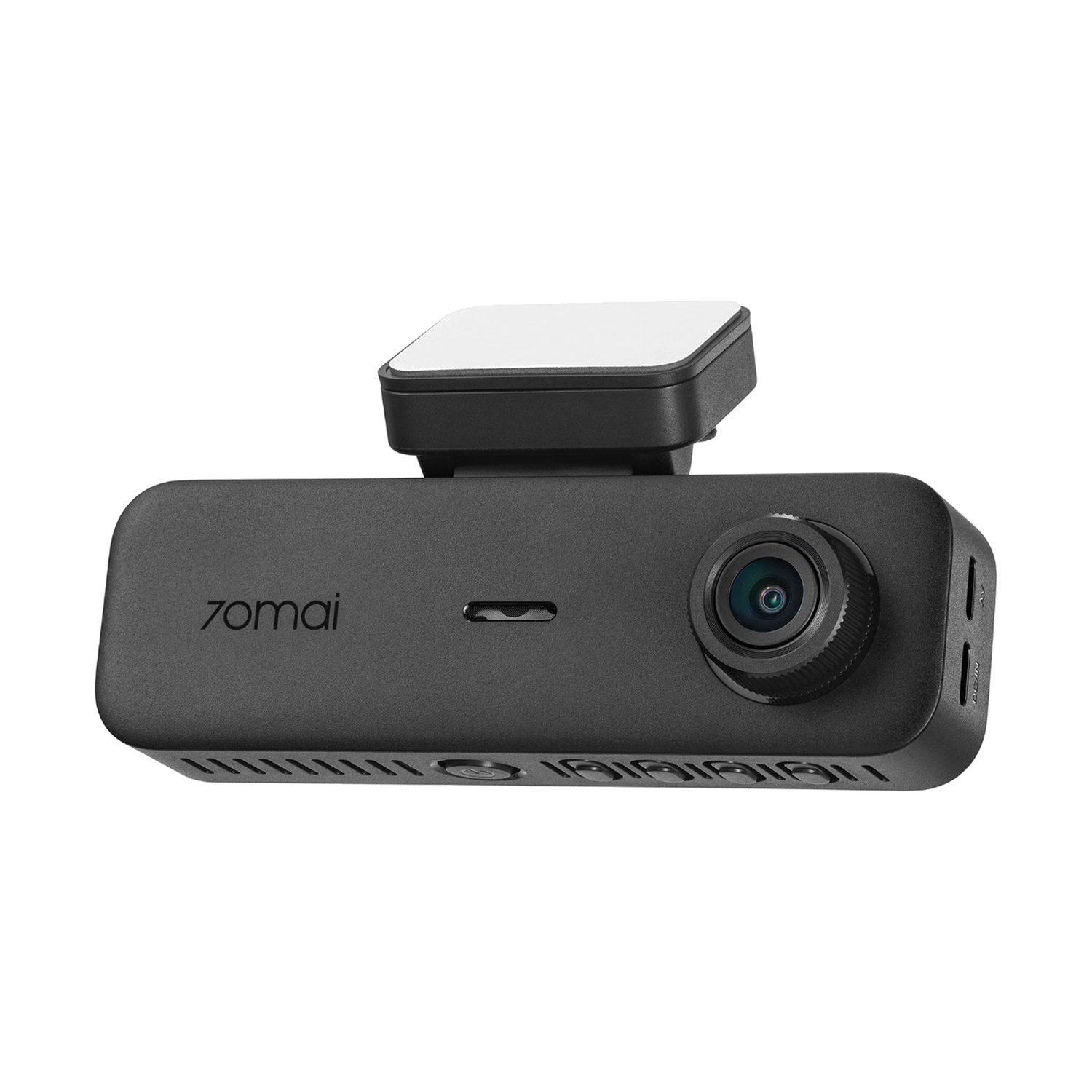 Una dashcam 70mai nera con lente e parte superiore bianca.