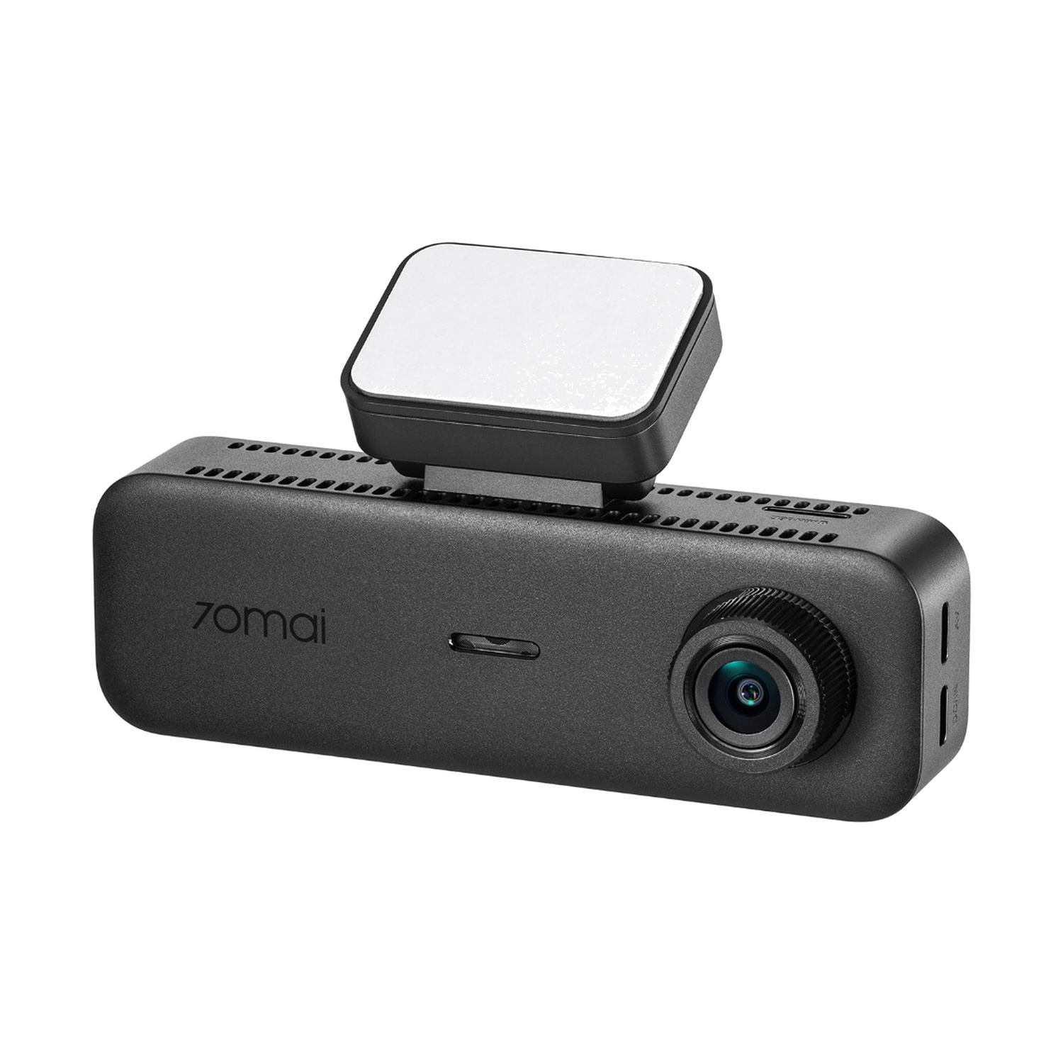 Una dashcam 70mai nera con lente e un accessorio bianco.