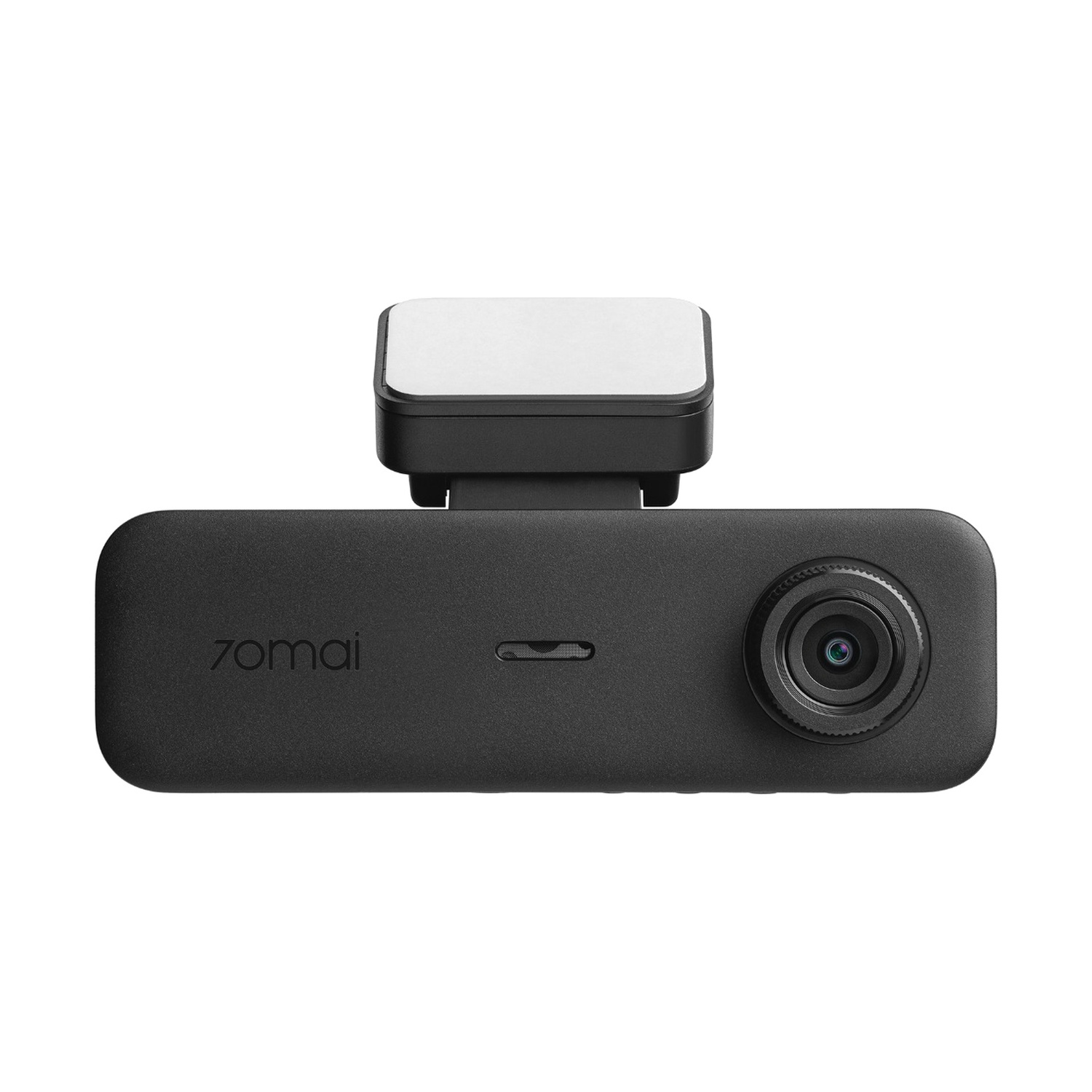 Una dashcam 70mai nera con obiettivo e luce bianca sopra.