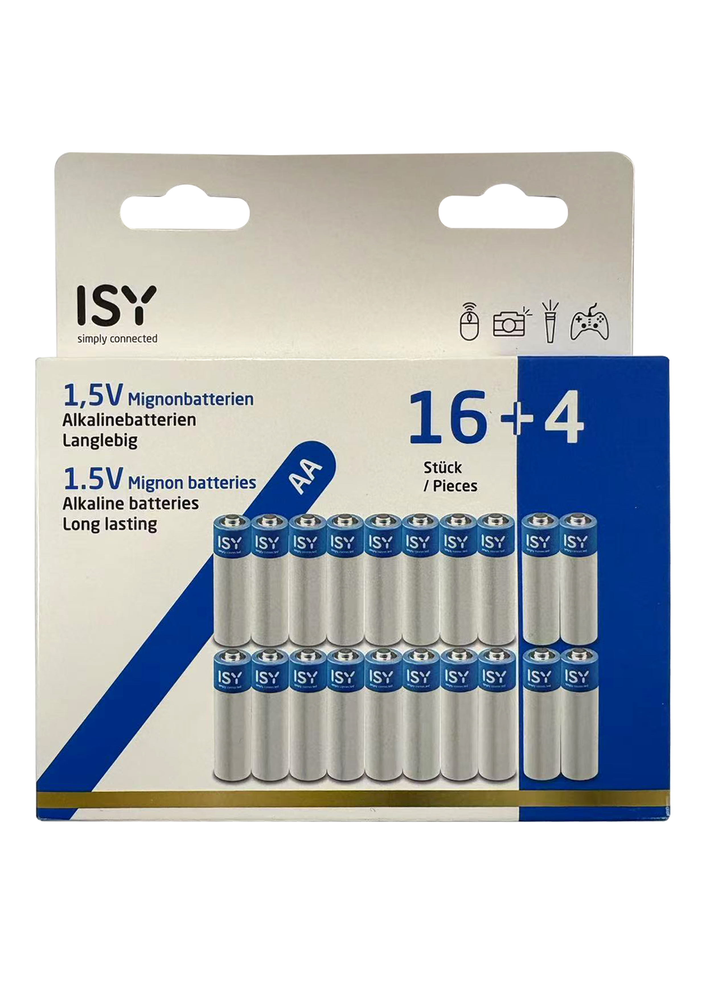 Packung mit 20 ISY AA Alkaline-Batterien, silberfarben mit blauem Kopf.