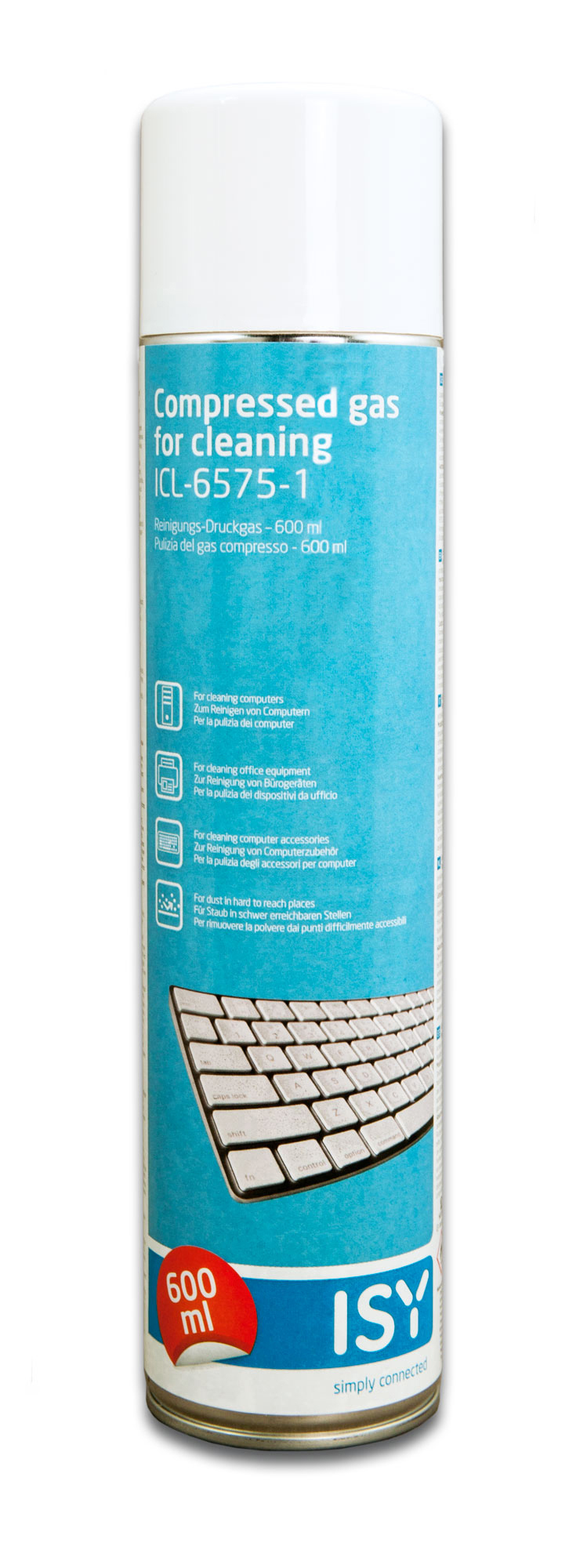 Eine Dose Druckgasreiniger von ISY mit 600 ml Inhalt und einer Tastaturabbildung.