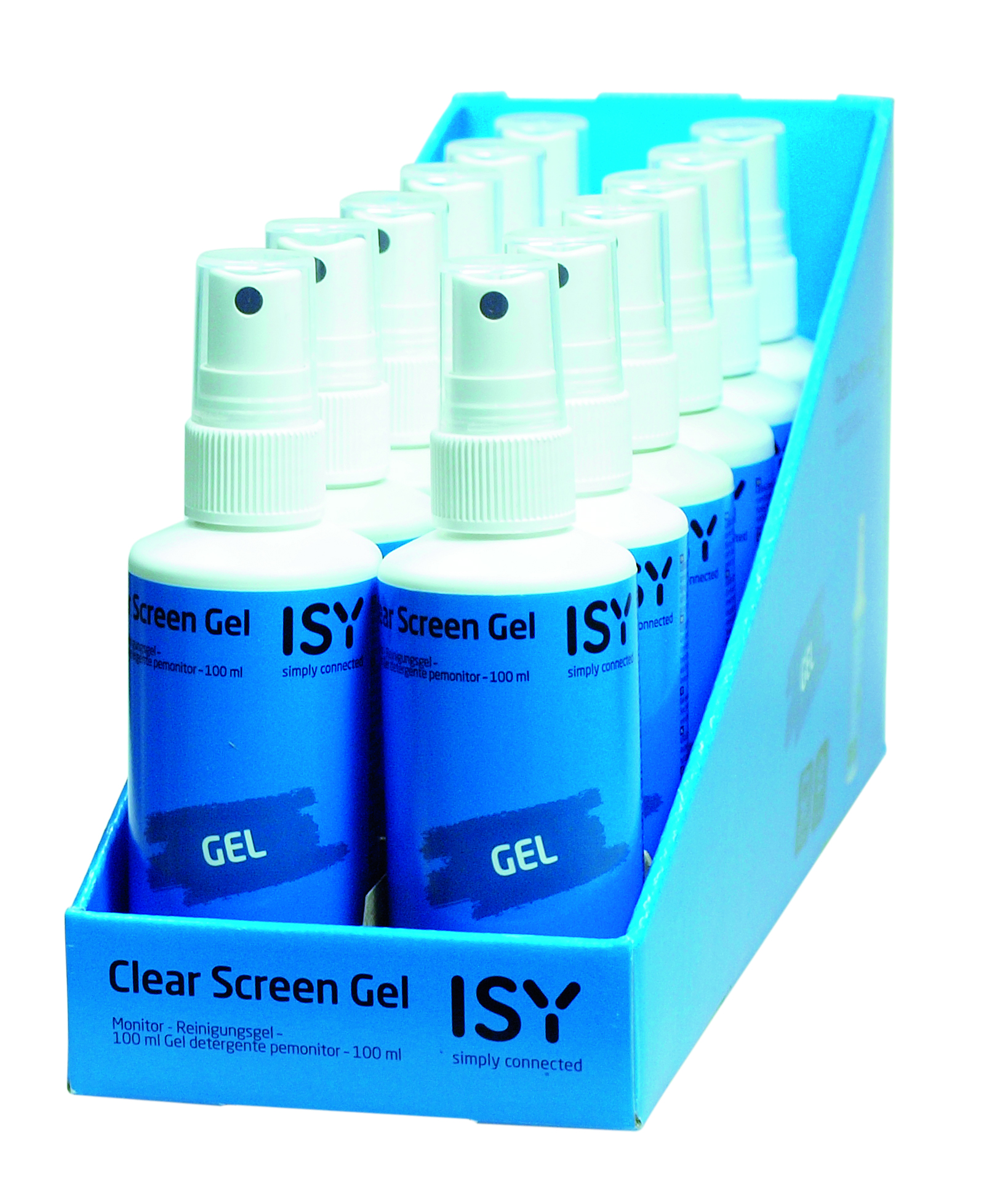 Mehrere ISY Screen Gel Flaschen in einem blauen Displayständer.