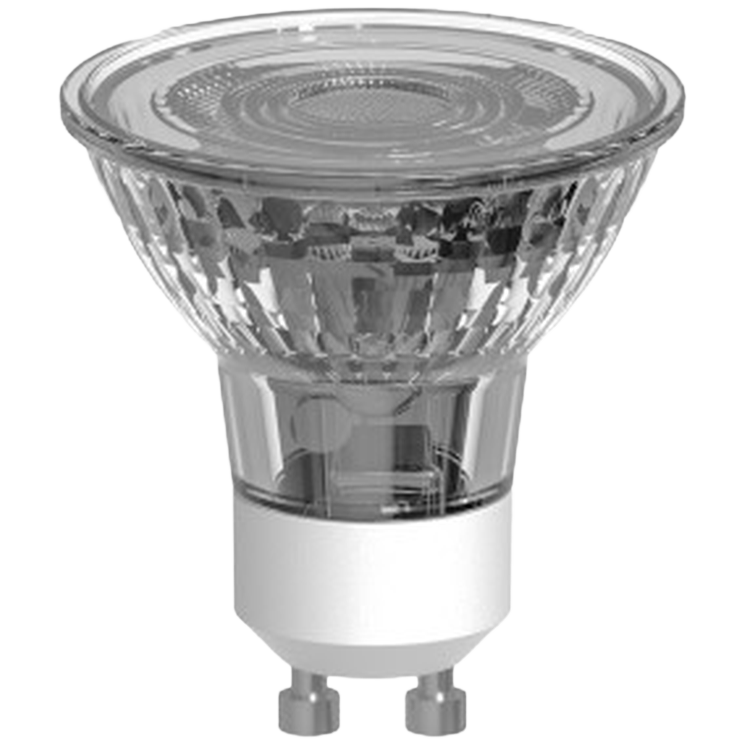 Een witte LED-lamp met helder, geribbeld glas en zilveren pinnen.