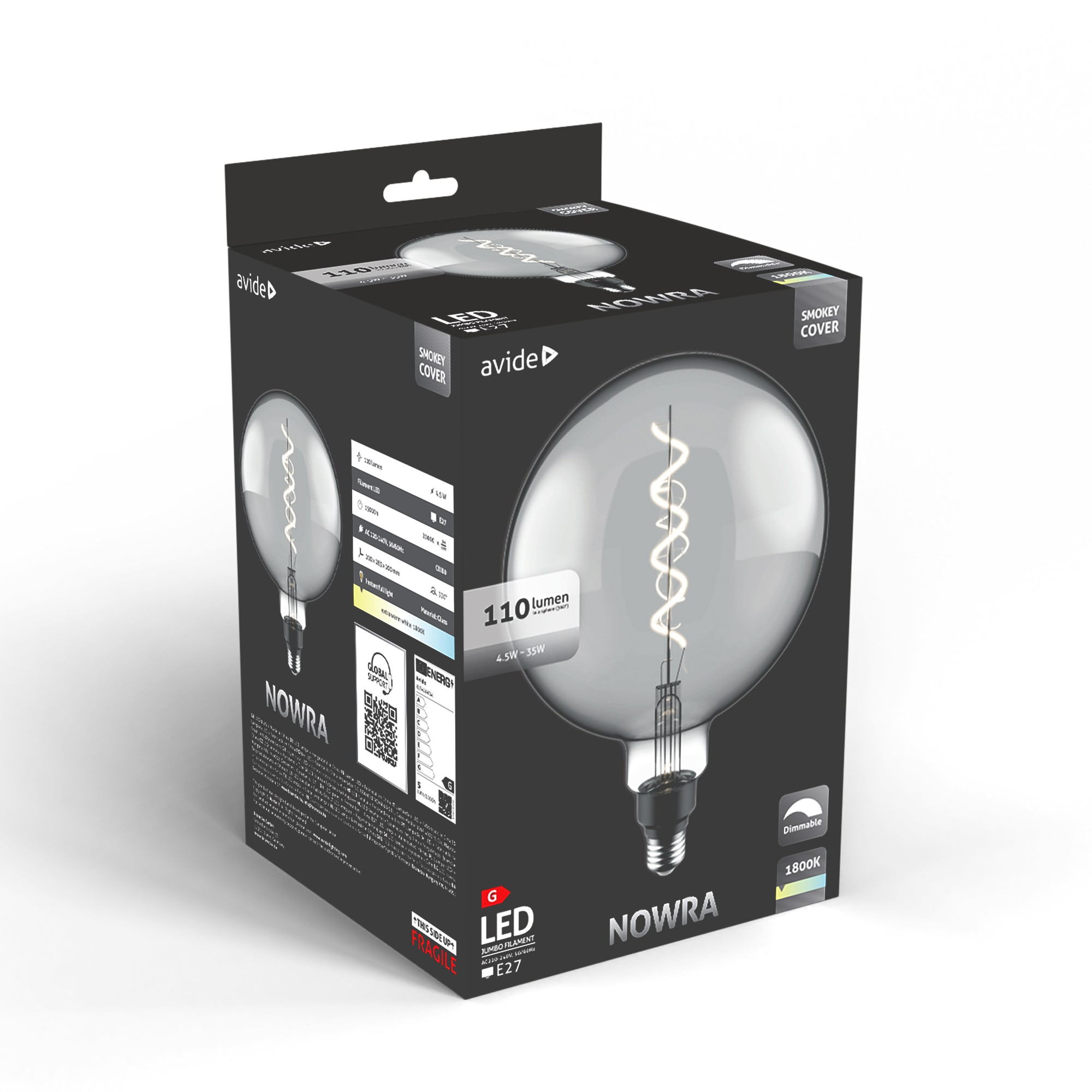 LED-izzó csomagolása spirálizzóval, 110 lumen, 4,5W, 1800K.