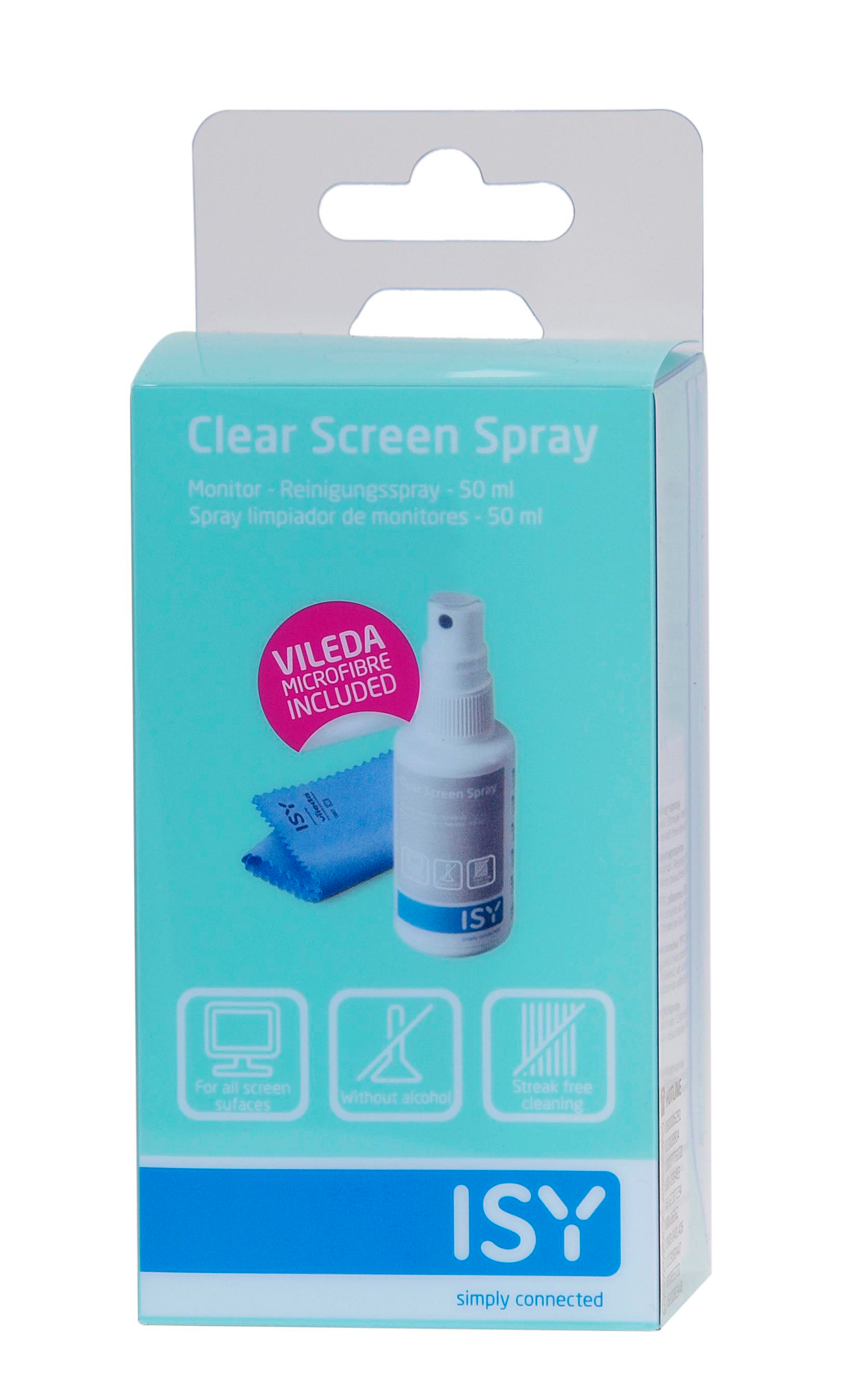 Verpackung für ISY Clear Screen Spray mit Mikrofasertuch, 50ml.