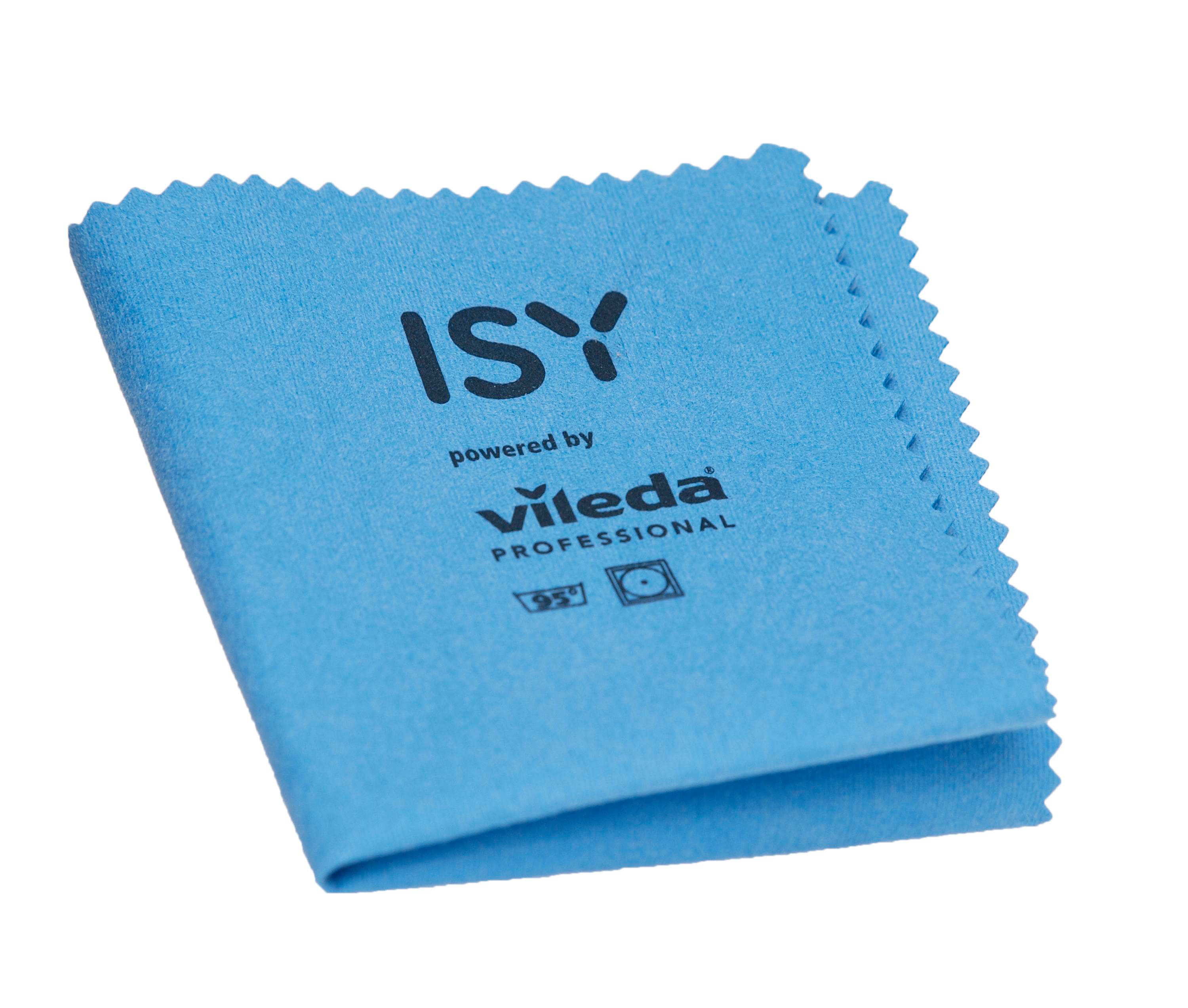 Ein blaues Mikrofasertuch mit "ISY" und "Vileda" Logo.