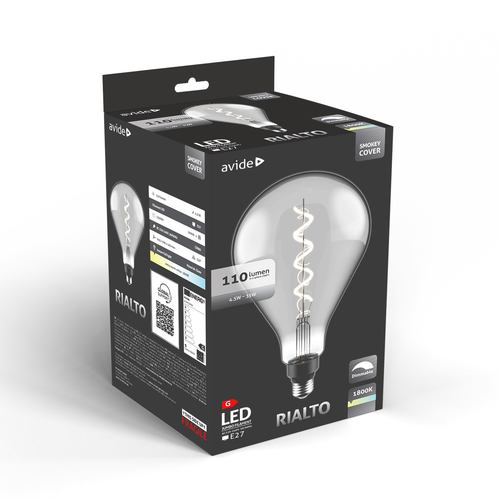 Avide Rialto LED izzószálú villanykörte csomagolása, 110 lumen, 4,5W, 1800K.