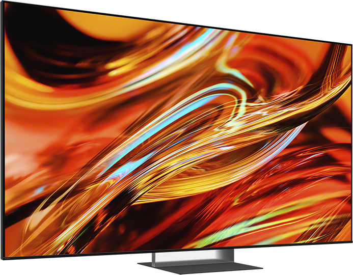 Egy modern TV vibráló, absztrakt képet mutat, narancssárga, sárga és kék örvénylő vonalakkal.