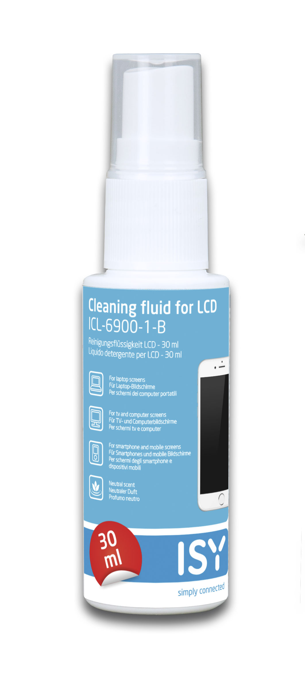 Eine Sprühflasche mit ISY-Reinigungsmittel für LCD-Bildschirme, 30 ml.