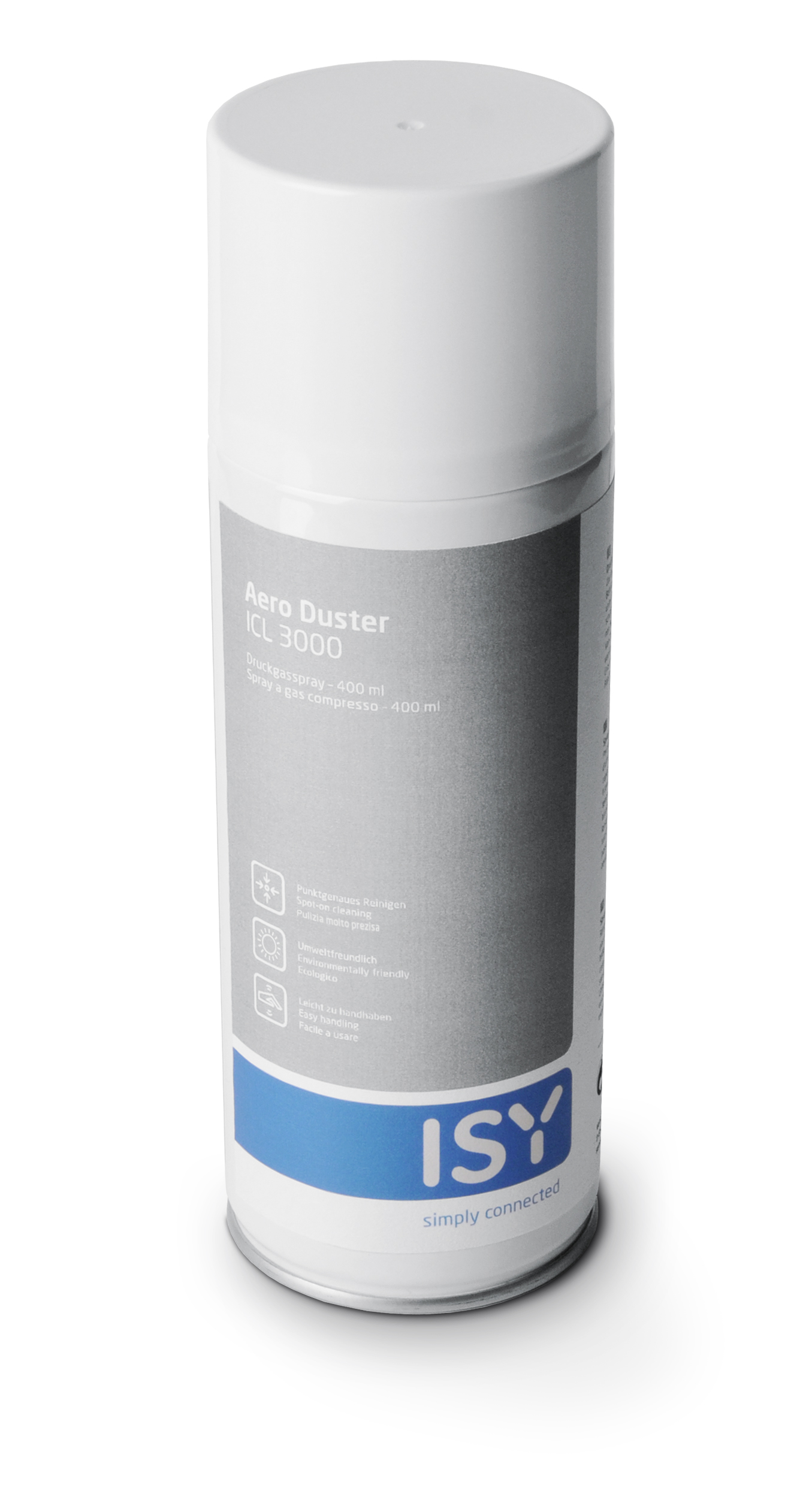 Eine Dose ISY Aero Duster ICL 3000, 400ml, mit Reinigungssymbolen.