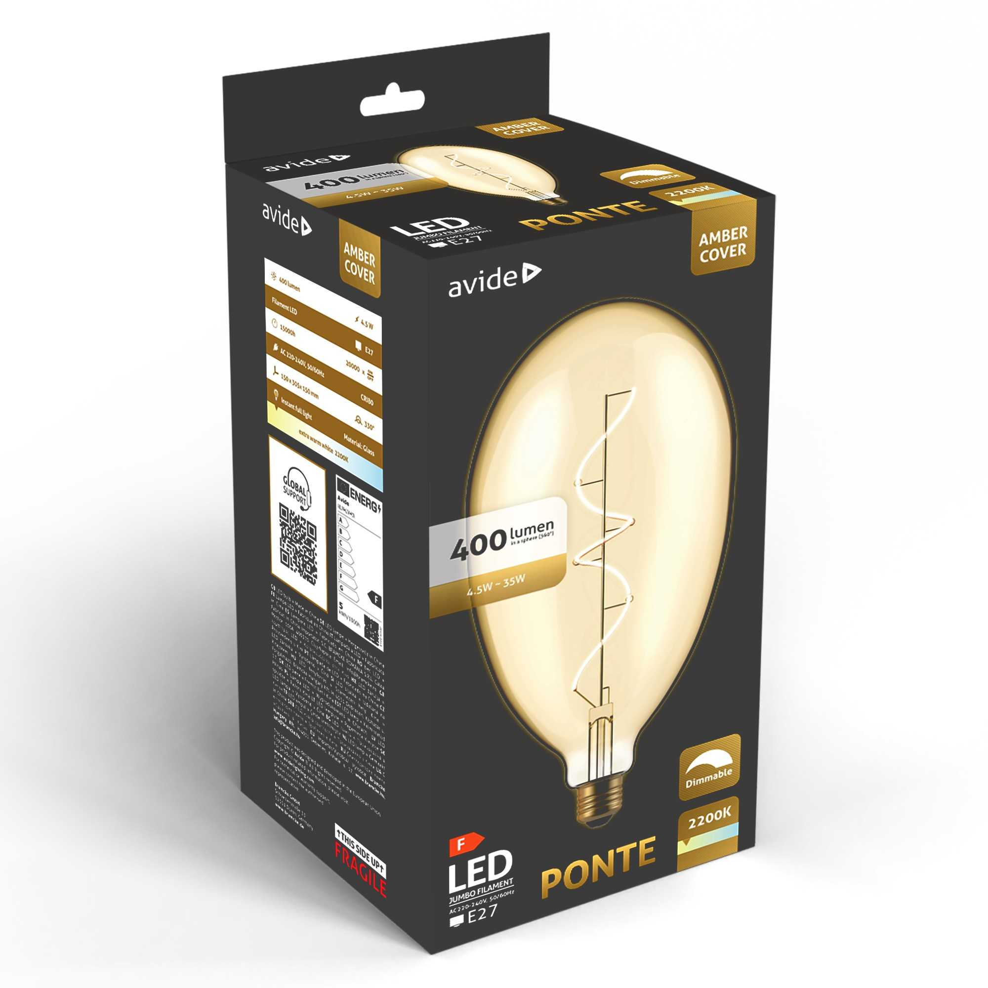 Borostyán bevonatú LED izzó csomagolása, 400 lumen, 4,5W, 2200K.