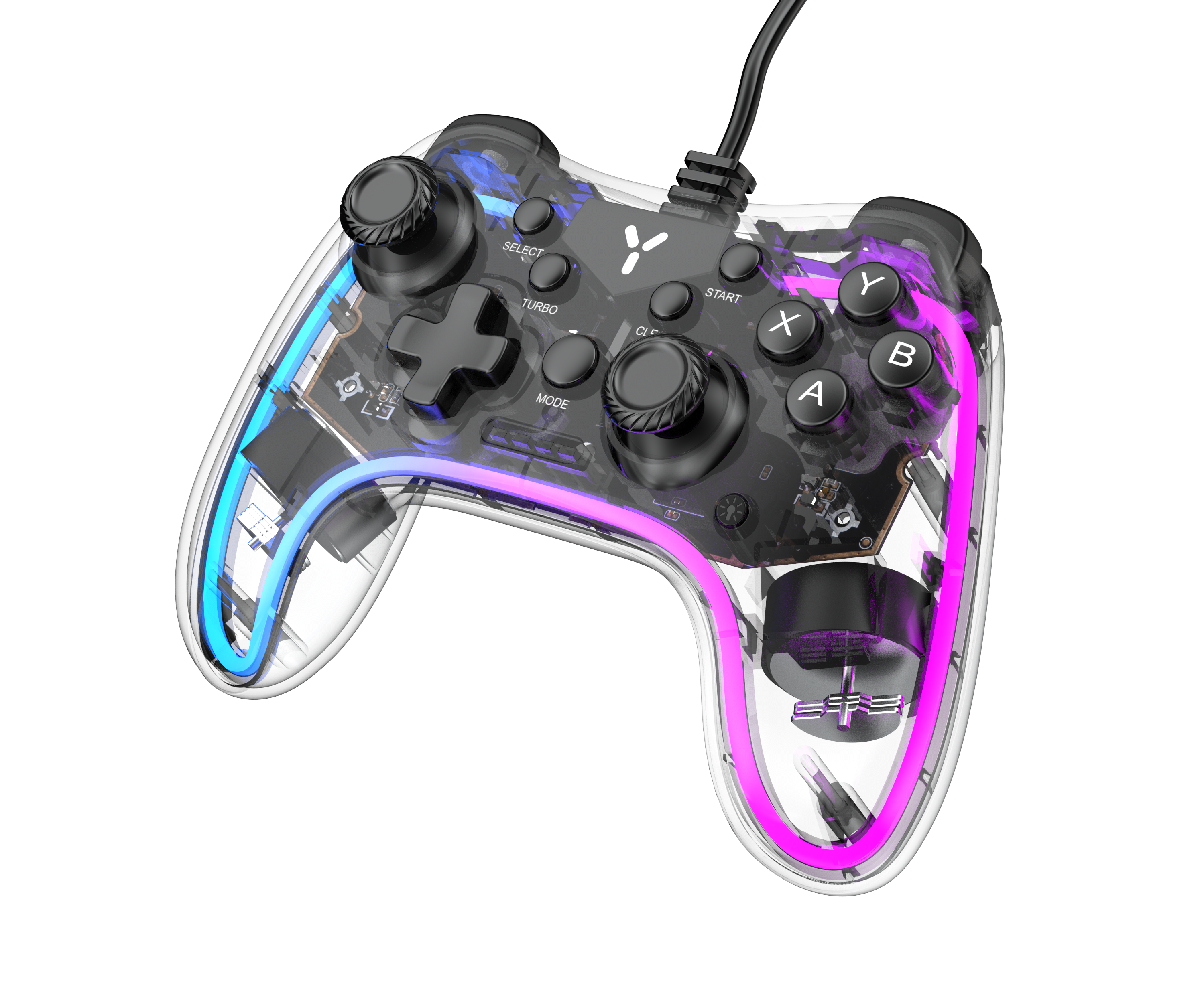 Transparent controller with blue and purple lights, black buttons and joysticks.