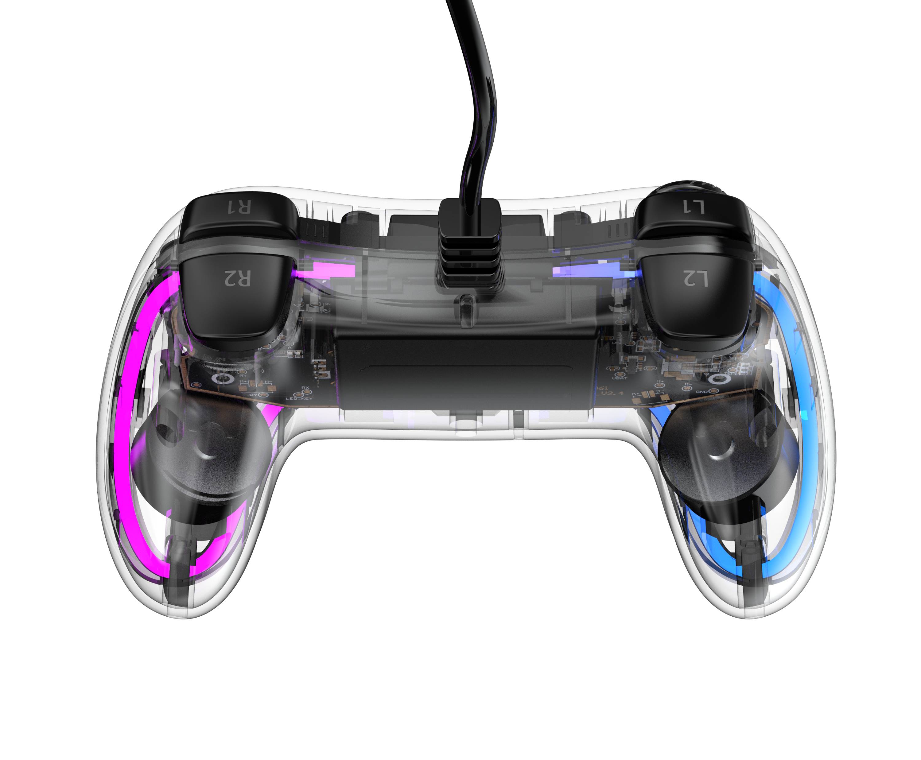 A transparent controller with pink and blue lights.