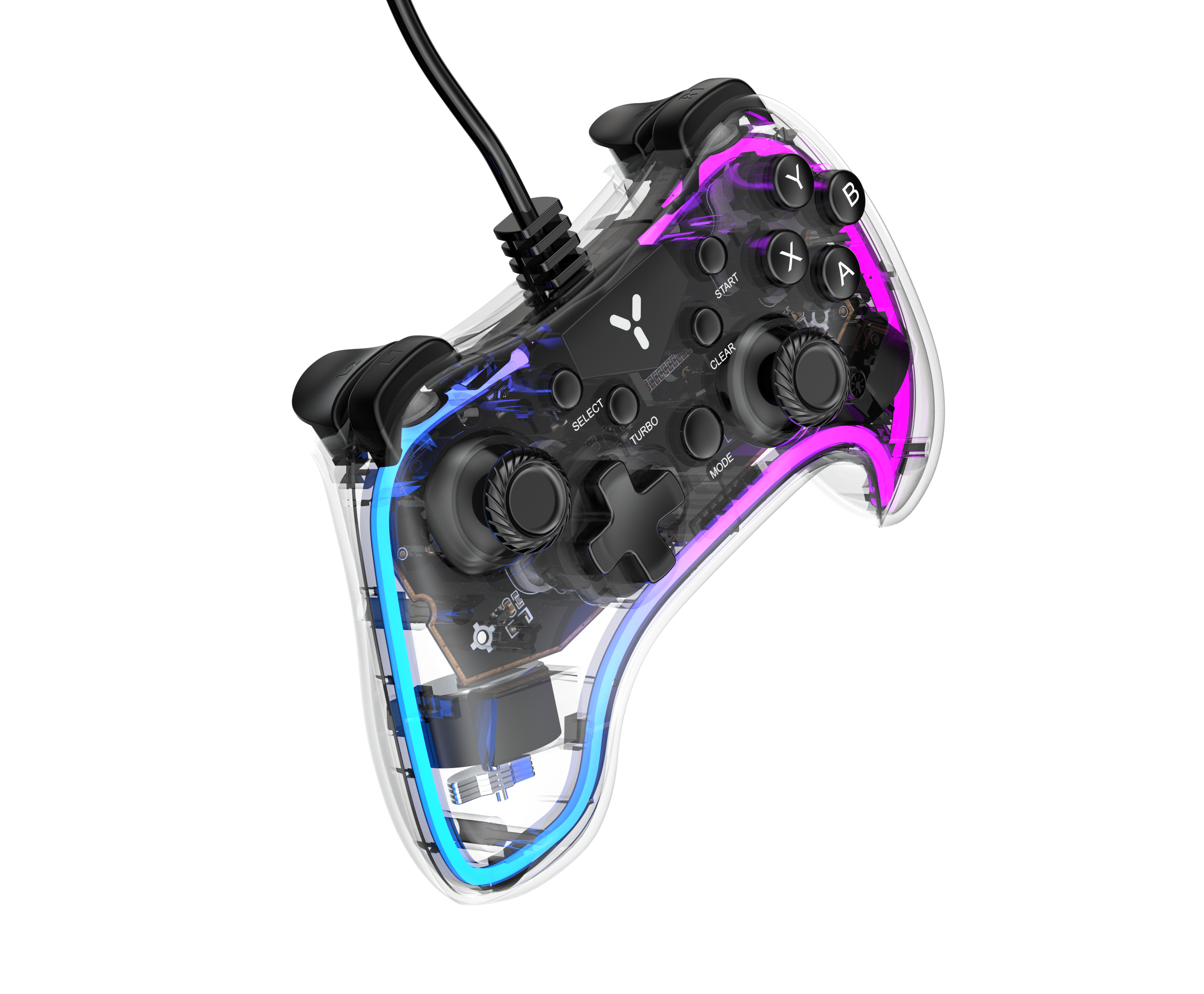 A transparent controller with blue and pink lights. Shows internal components.