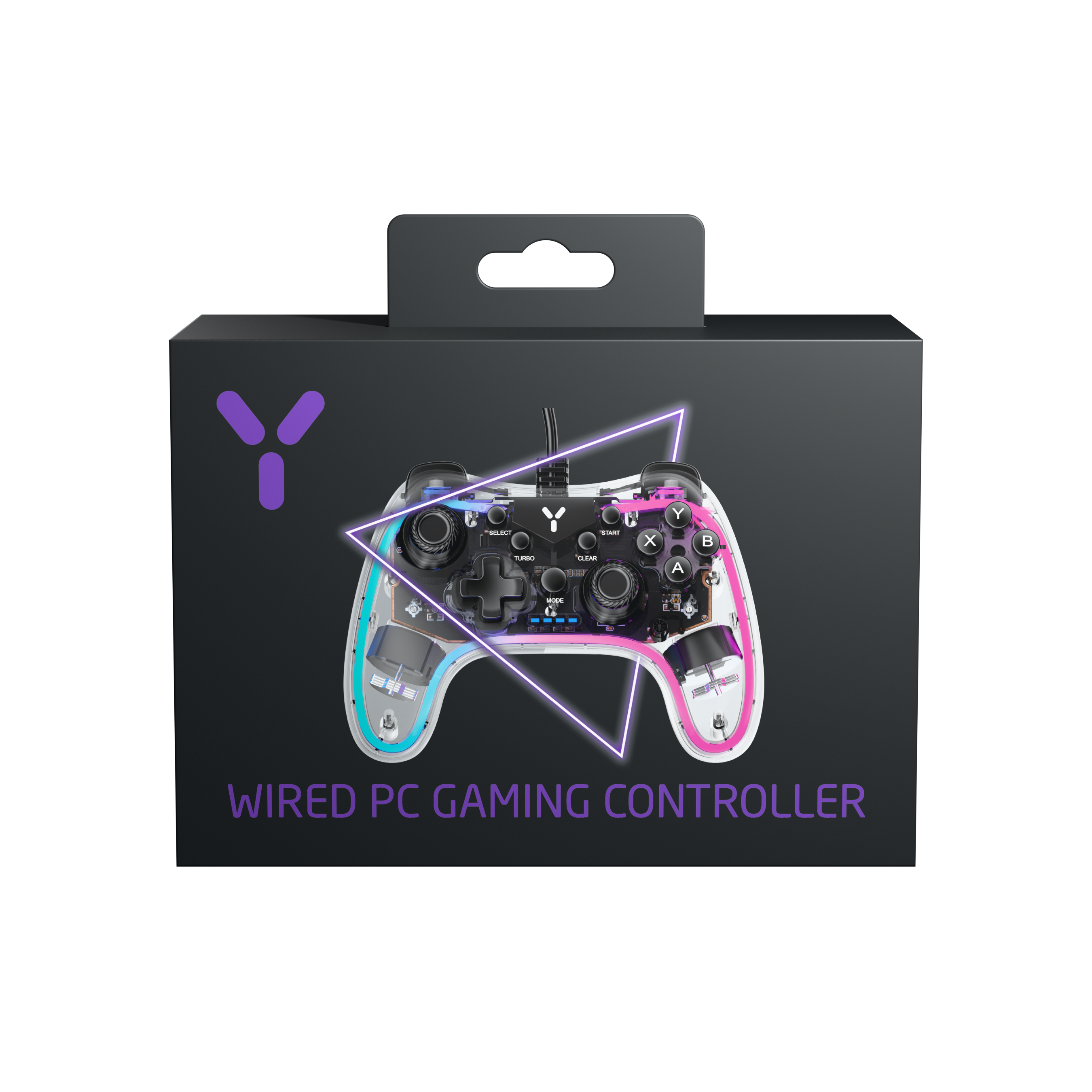 A transparent controller with purple and blue lights on a dark background.