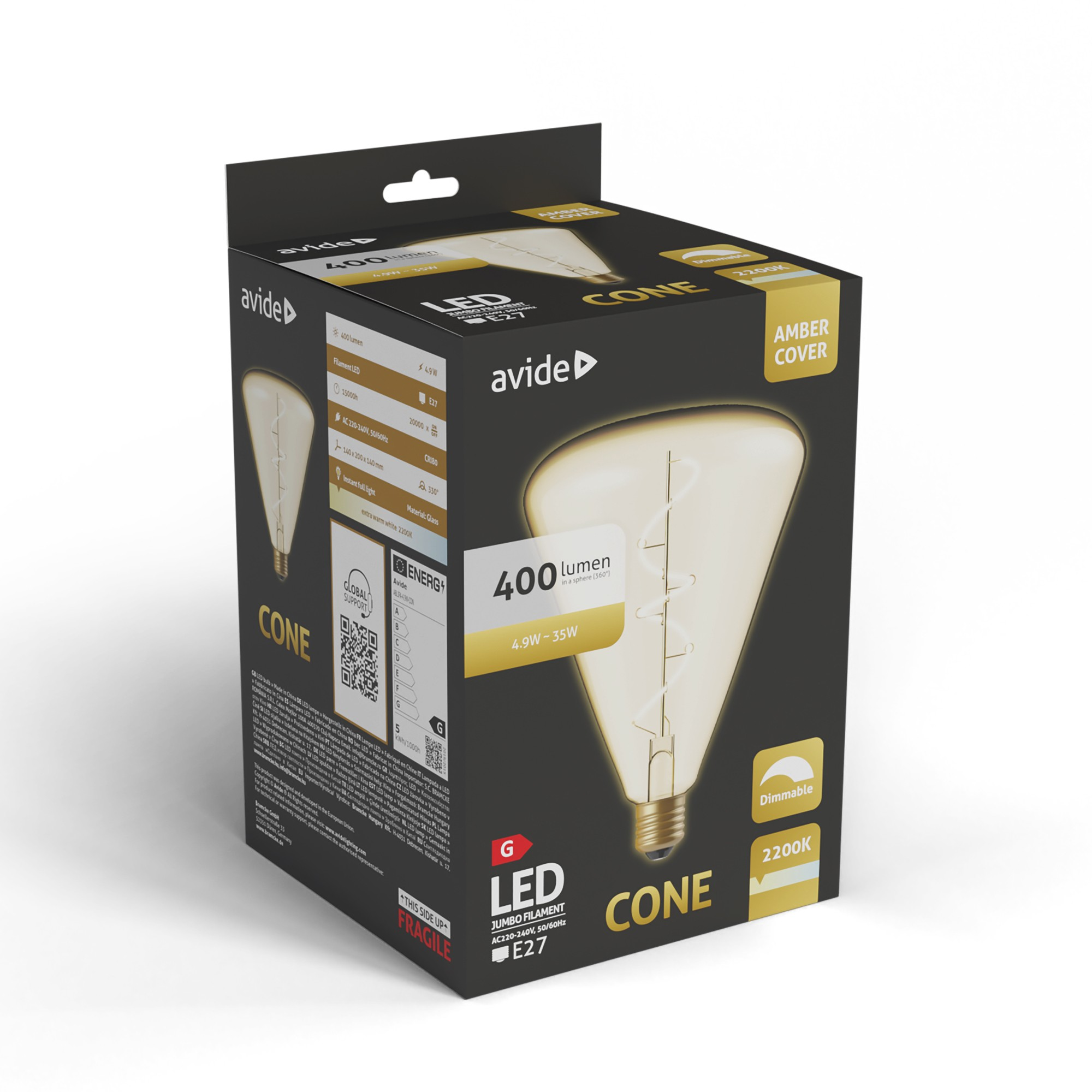 LED-izzó csomagolása, kúp alakú, 400 lumen, 4.9W, 2200K, szabályozható.