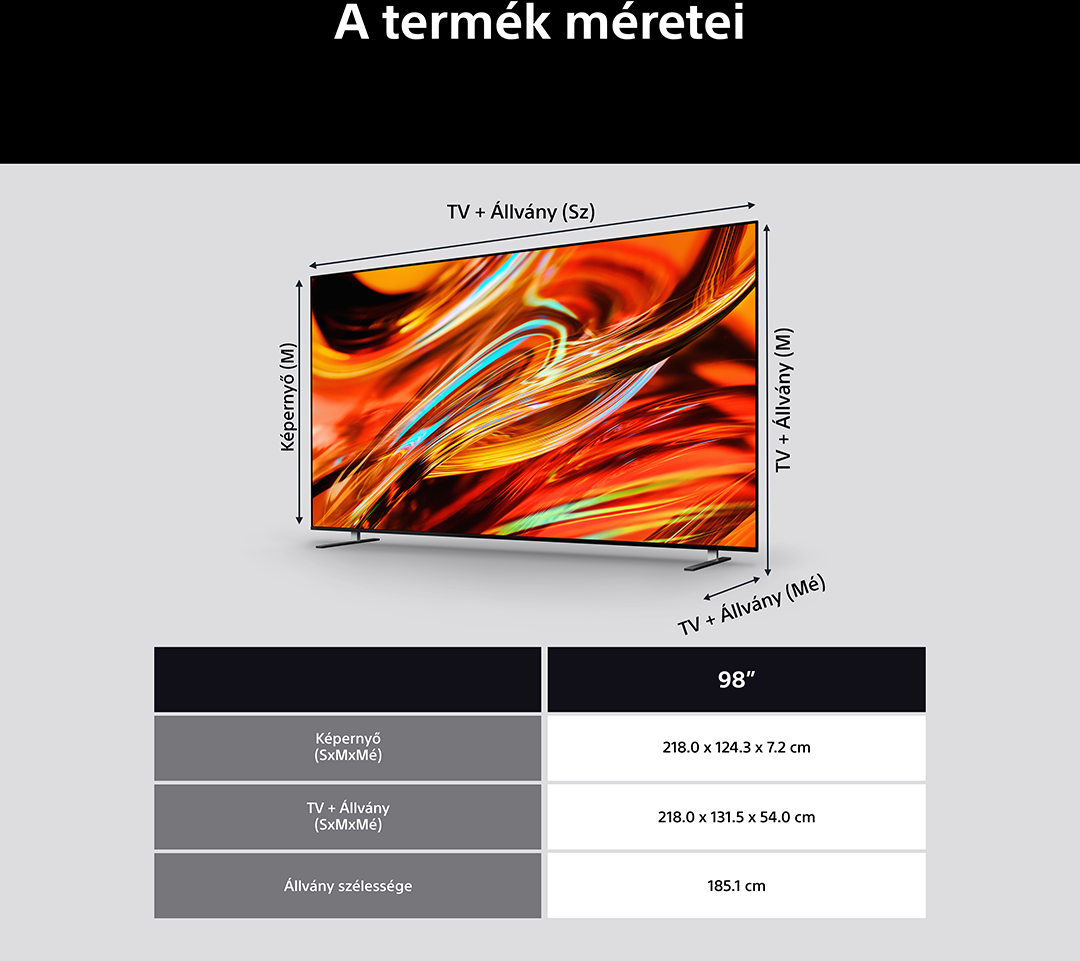 Egy 98 hüvelykes TV állvánnyal, méretekkel és súlyokkal.