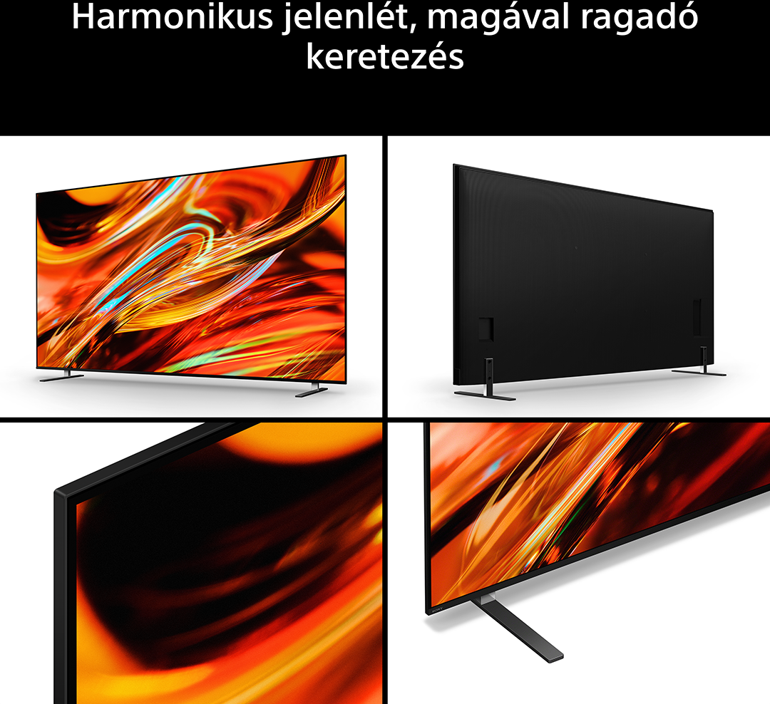 Egy modern síkképernyős TV négy nézete. Elölnézet, hátulnézet és részletfotók.