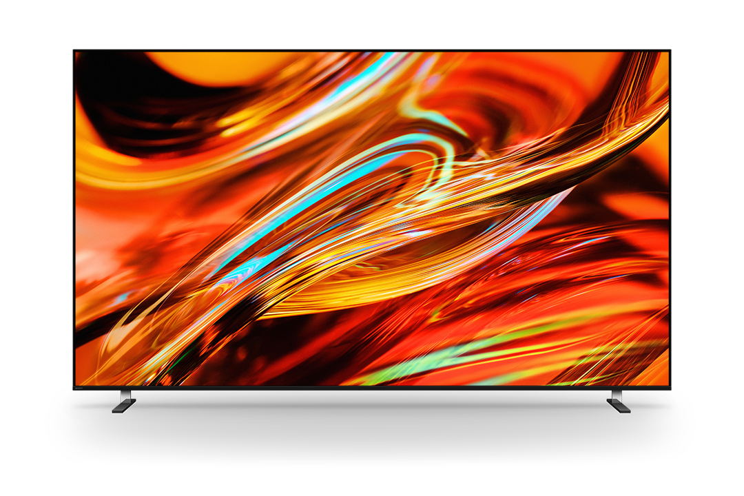 Egy modern TV élénk, narancssárga és kék absztrakt képet jelenít meg.